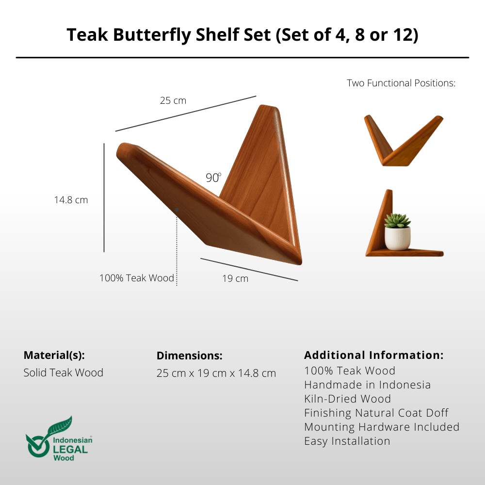 Teak Butterfly Shelf Set (Set of 4, 8 or 12) - Wall Shelf - Lagom Home Boutique