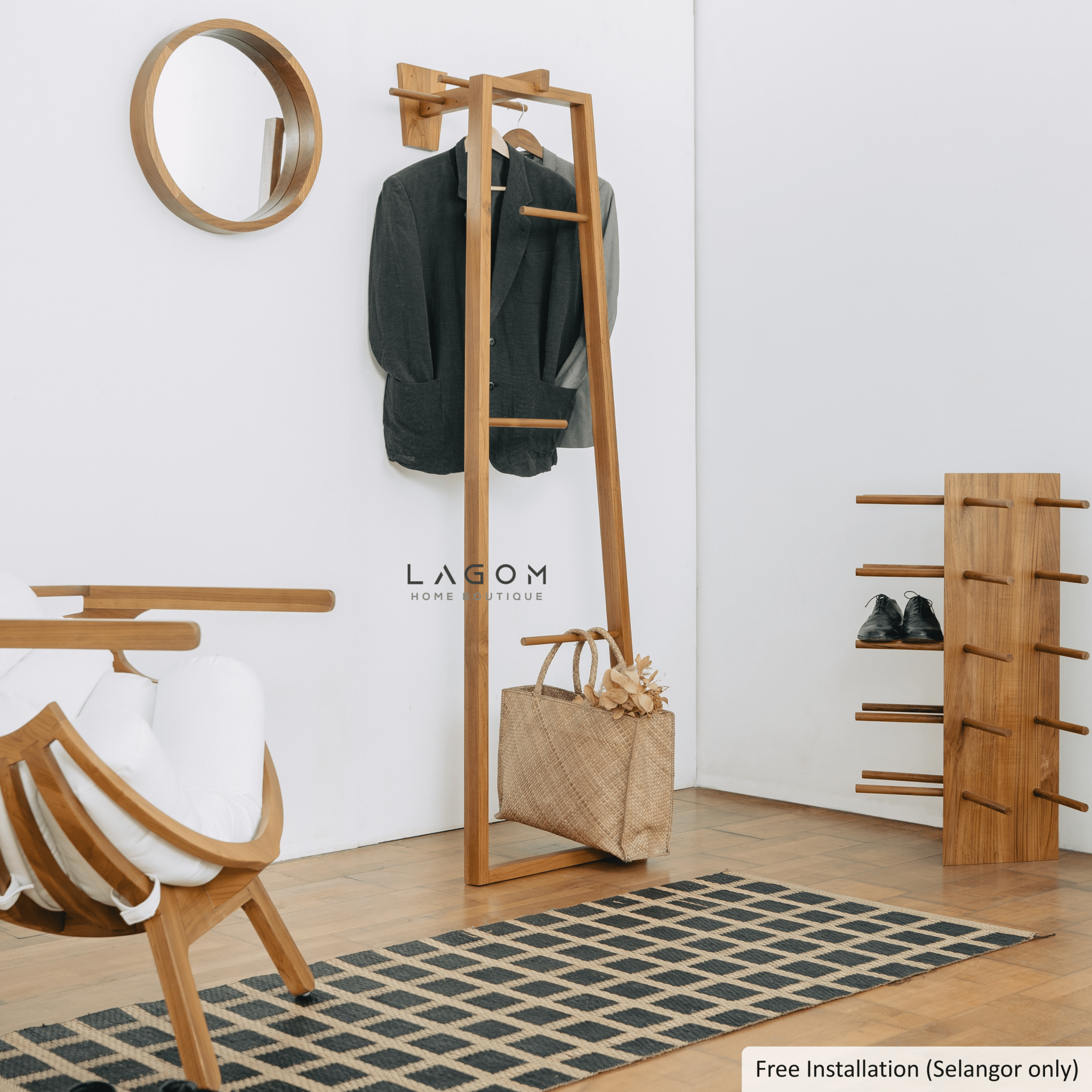 Teak Coat Stand with Accessories Hanger - Standing Coat Hanger - Lagom Home Boutique