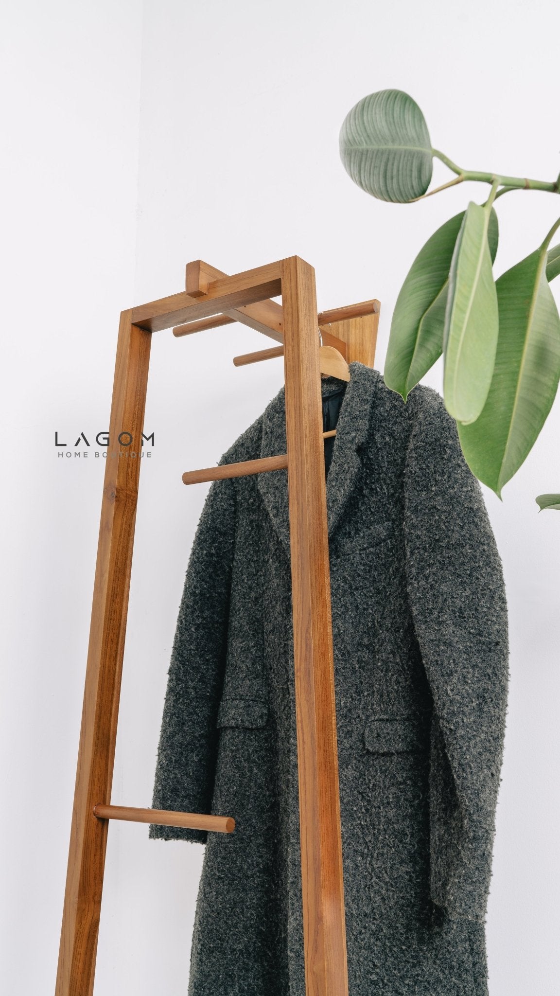Teak Coat Stand with Accessories Hanger - Standing Coat Hanger - Lagom Home Boutique