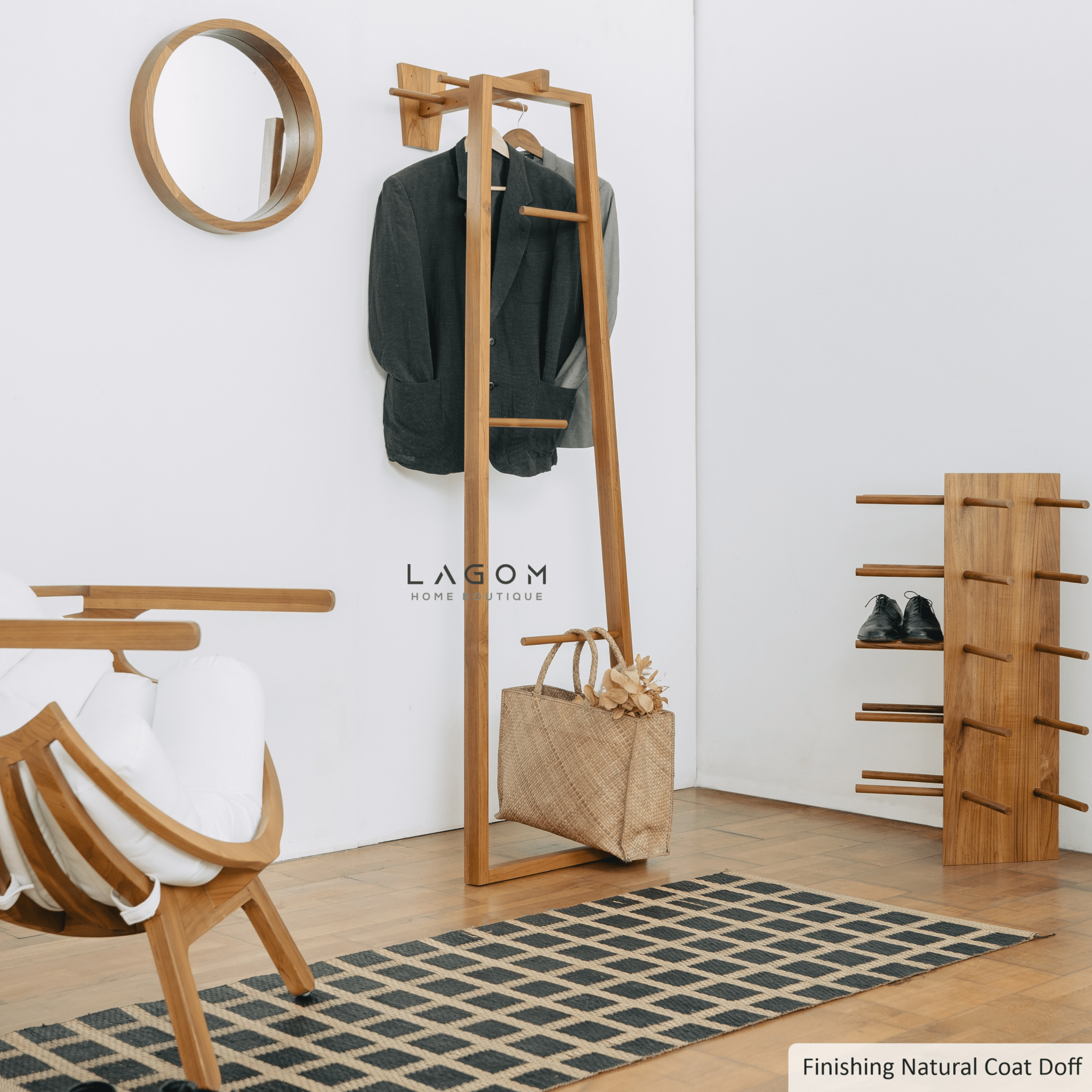 Teak Coat Stand with Accessories Hanger - Standing Coat Hanger - Lagom Home Boutique