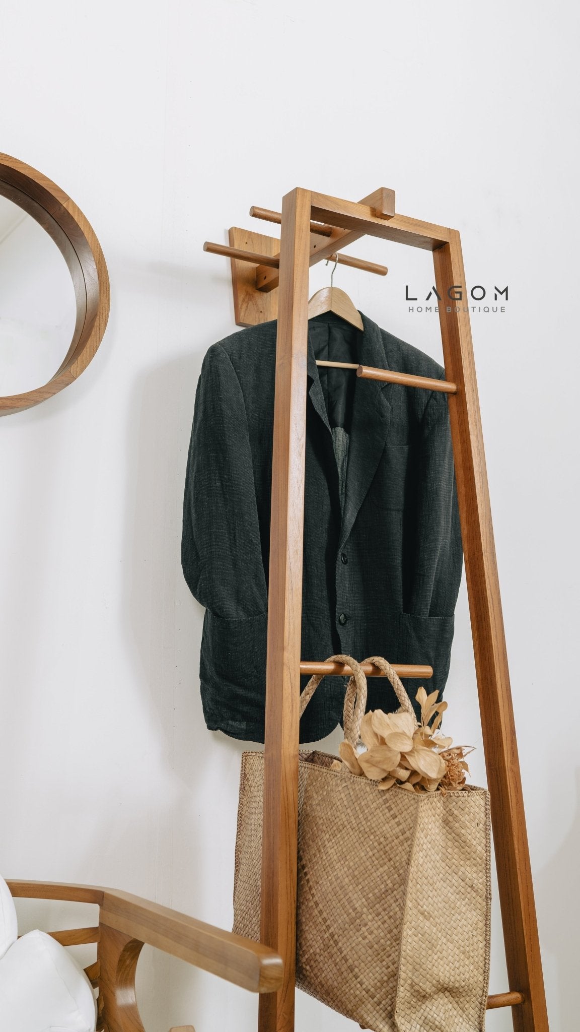 Teak Coat Stand with Accessories Hanger - Standing Coat Hanger - Lagom Home Boutique