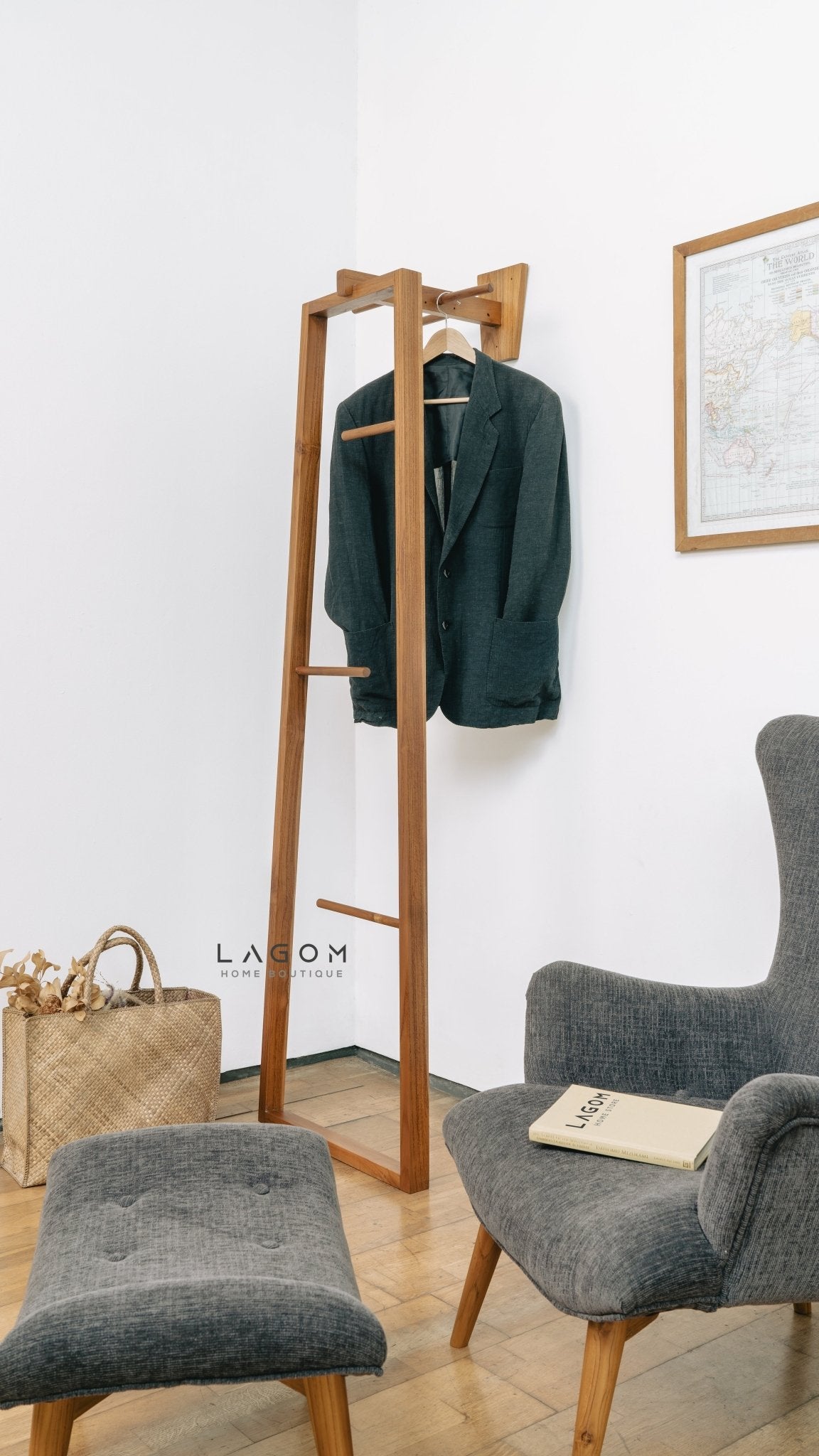Teak Coat Stand with Accessories Hanger - Standing Coat Hanger - Lagom Home Boutique
