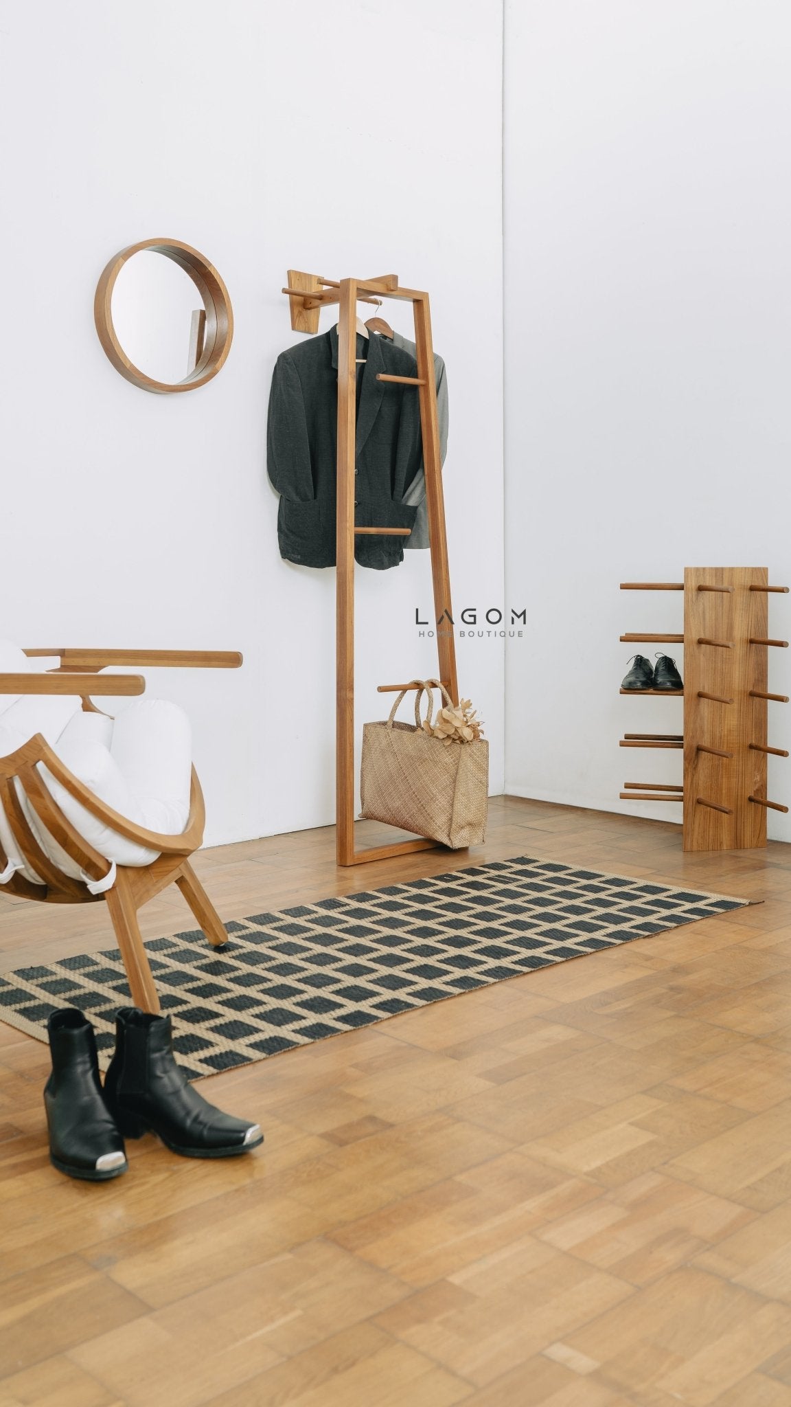 Teak Coat Stand with Accessories Hanger - Standing Coat Hanger - Lagom Home Boutique