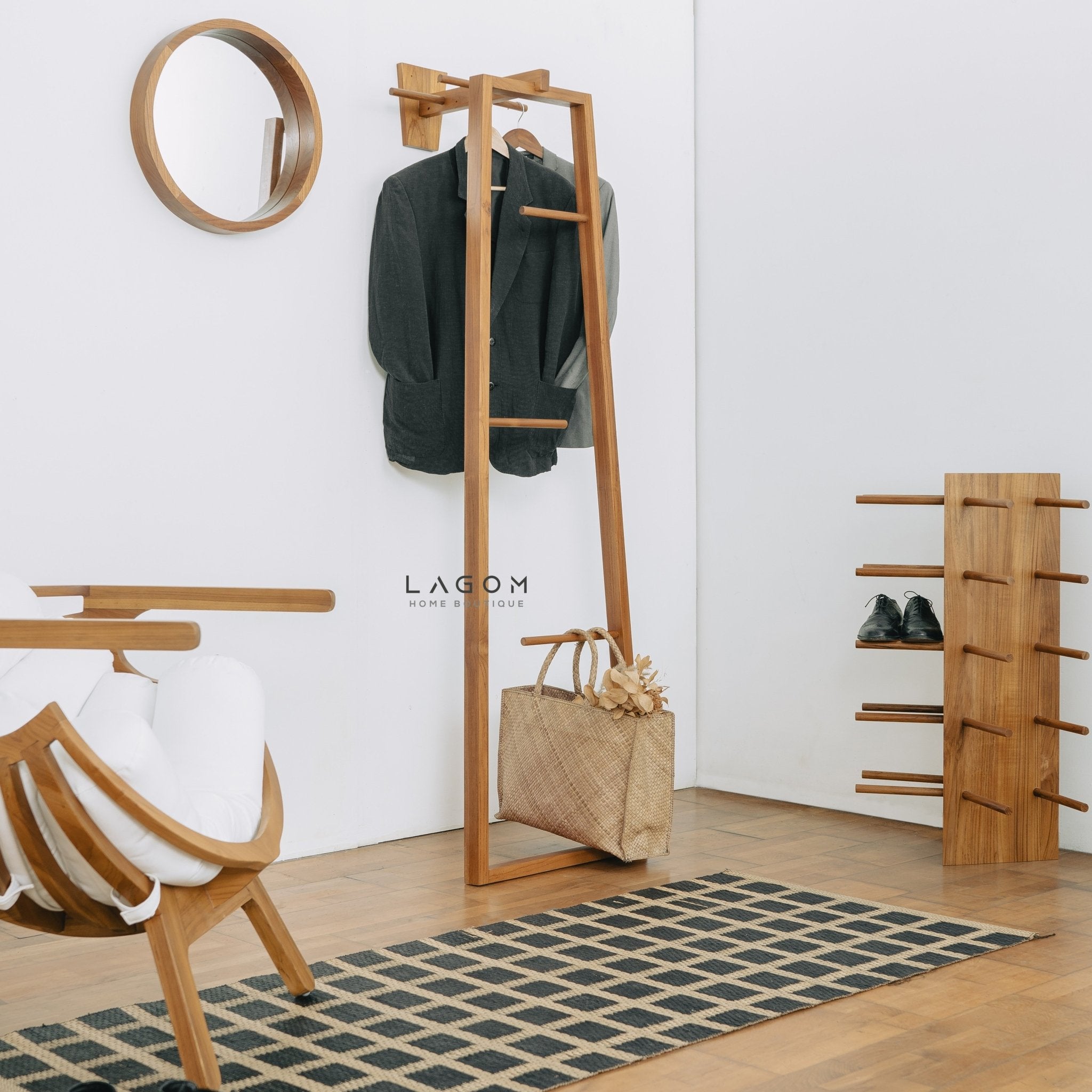 Teak Coat Stand with Accessories Hanger - Standing Coat Hanger - Lagom Home Boutique