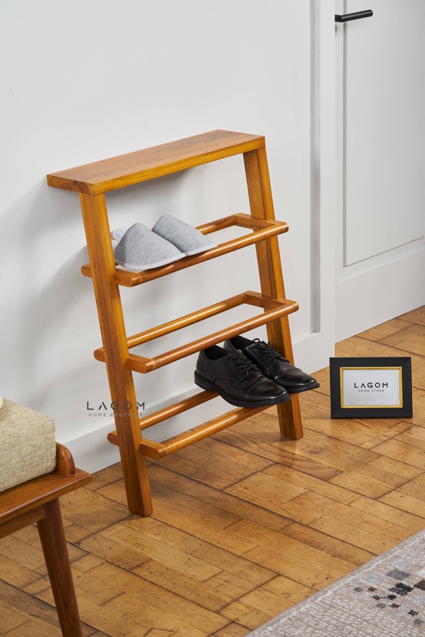 Teak Leaning Shoe Rack with Top Shelf - Shoe Rack - Lagom Home Boutique