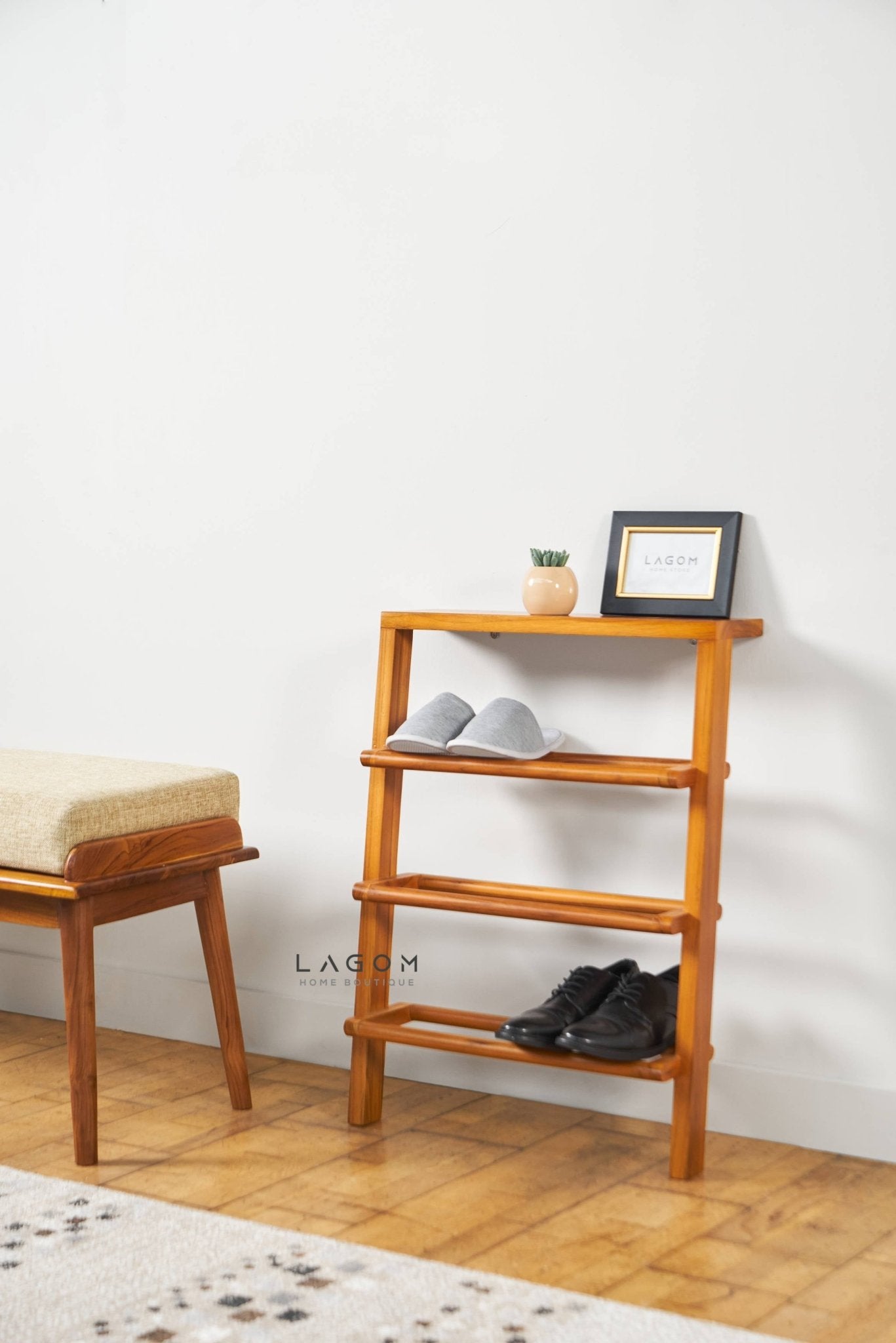 Teak Leaning Shoe Rack with Top Shelf - Shoe Rack - Lagom Home Boutique