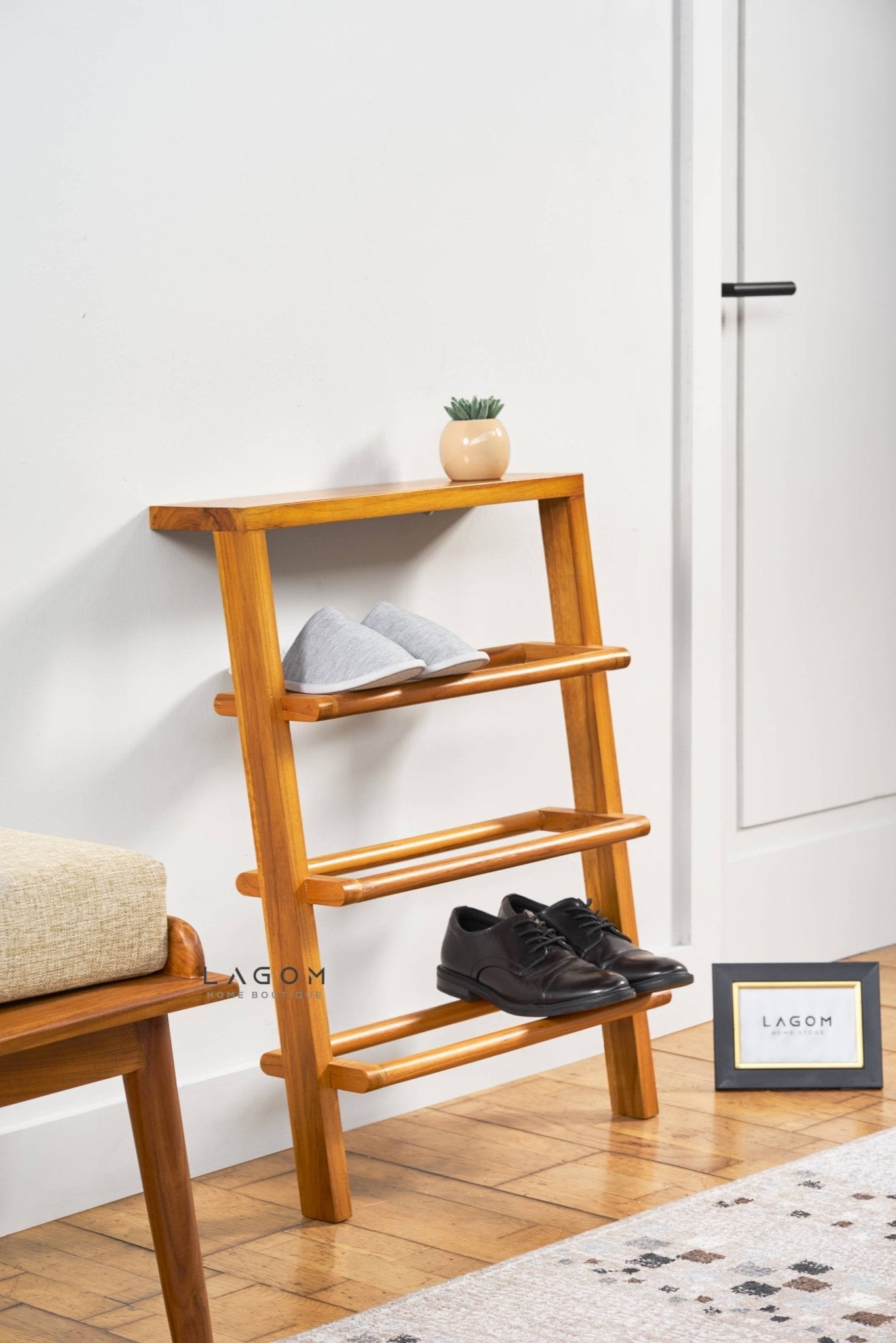 Teak Leaning Shoe Rack with Top Shelf - Shoe Rack - Lagom Home Boutique