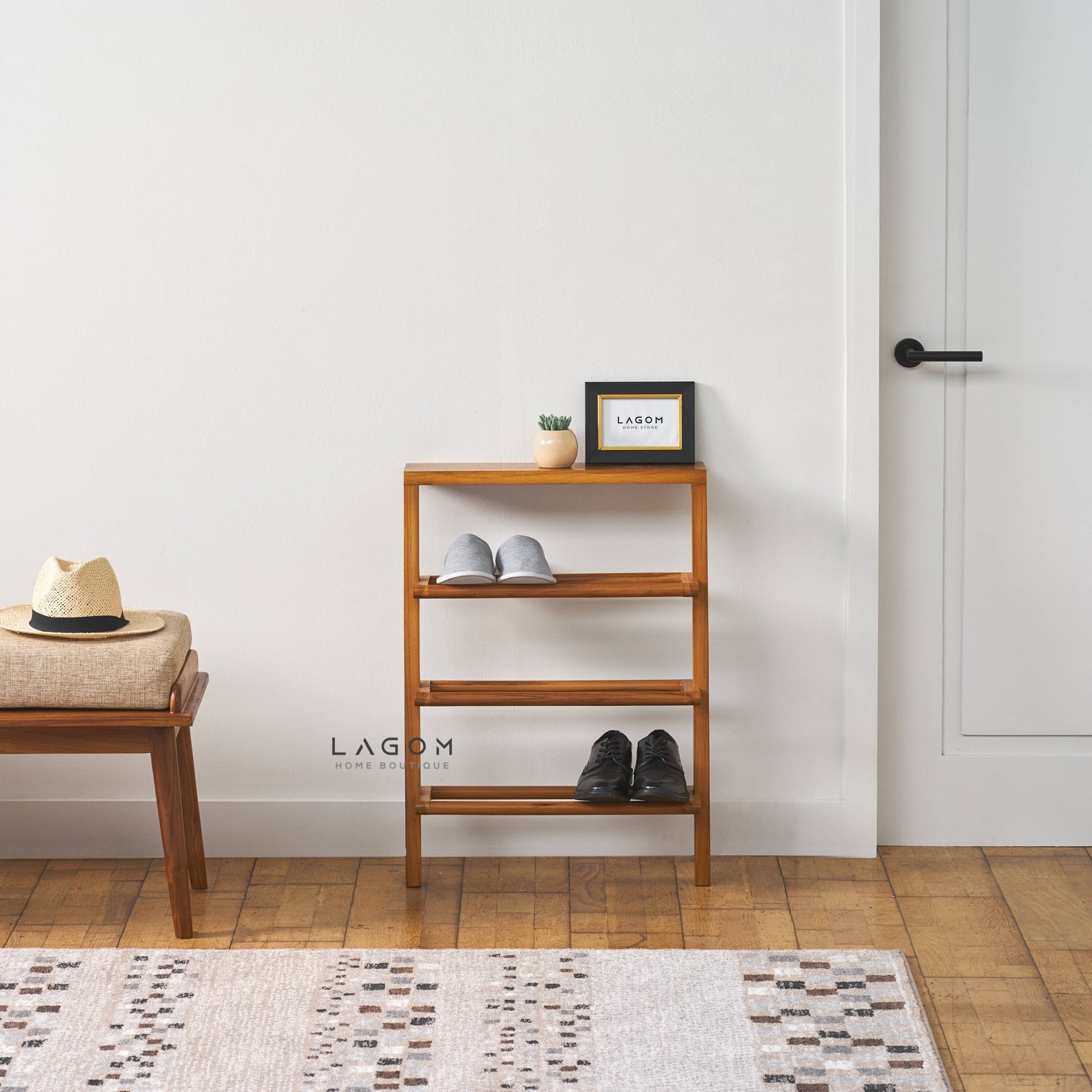 Teak Leaning Shoe Rack with Top Shelf - Shoe Rack - Lagom Home Boutique