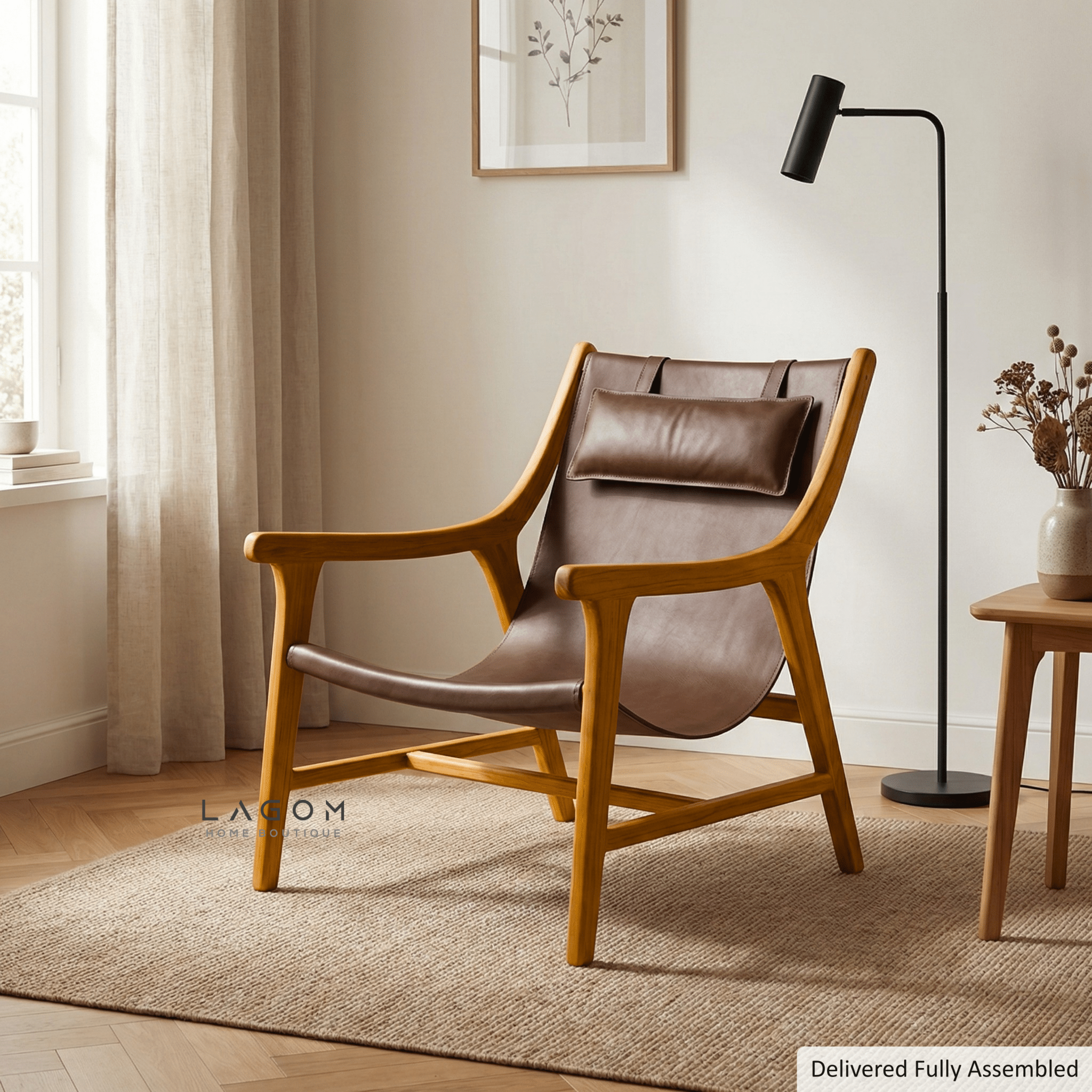 Teak Lounge Chair with Leather Sling Seat - Chair - Lagom Home Boutique