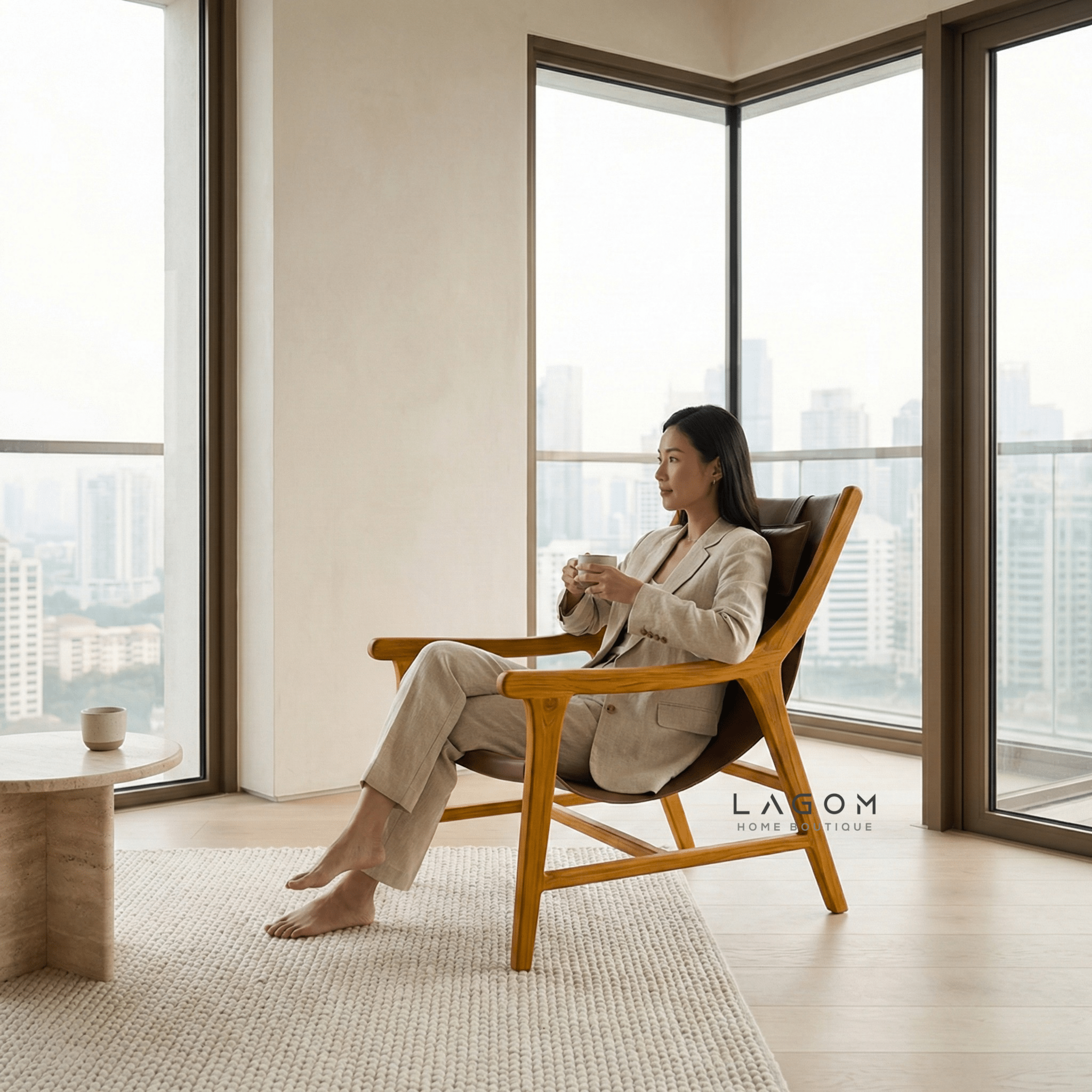 Teak Lounge Chair with Leather Sling Seat - Chair - Lagom Home Boutique