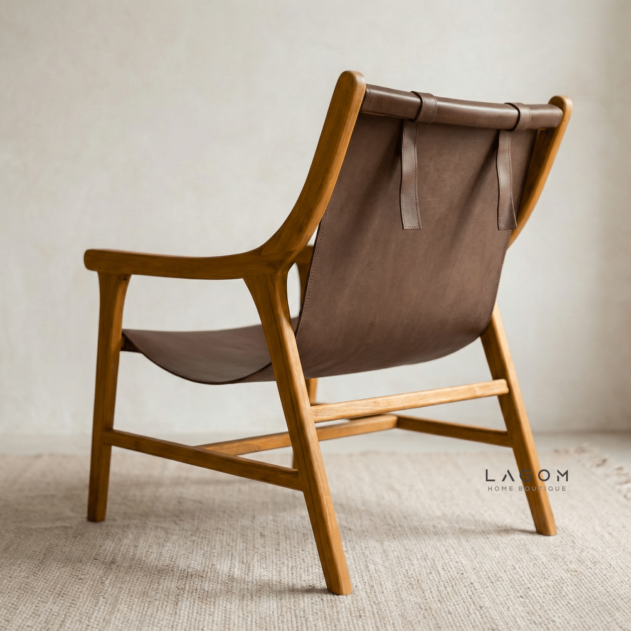 Teak Lounge Chair with Leather Sling Seat - Chair - Lagom Home Boutique
