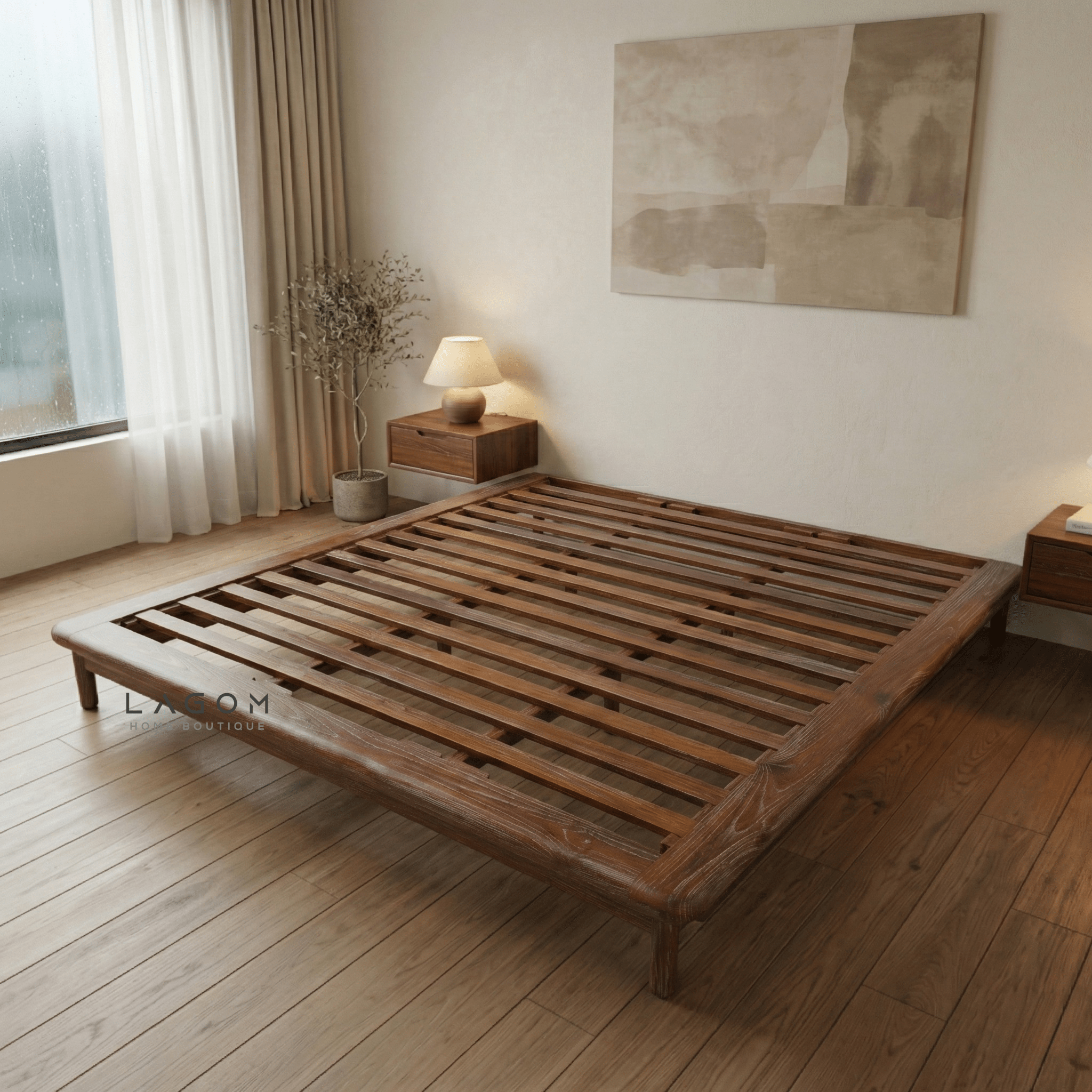 Teak Low Platform Bed Frame - Bed - Lagom Home Boutique