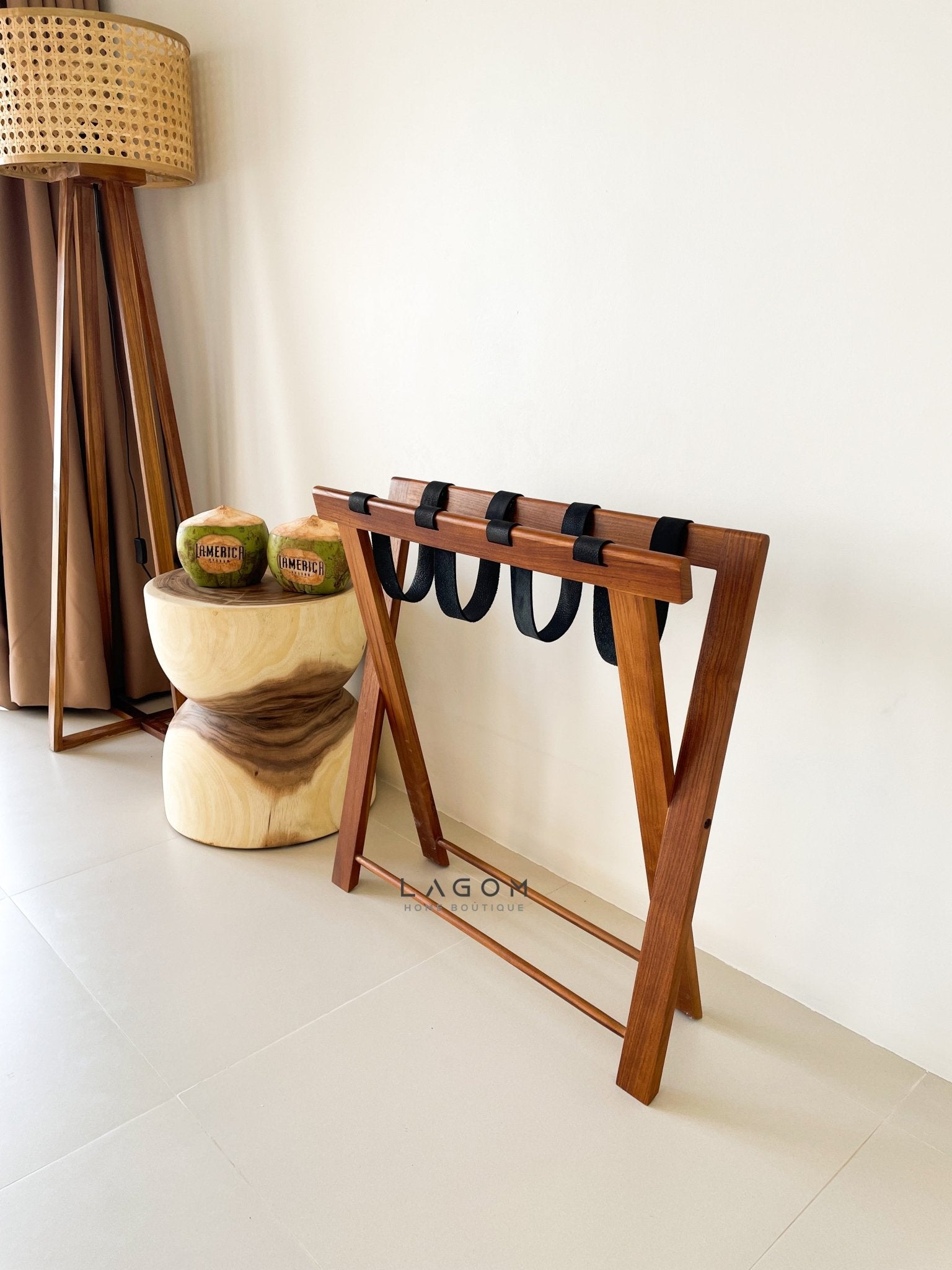 Teak Luggage Rack with Genuine Leather - Luggage Rack - Lagom Home Boutique