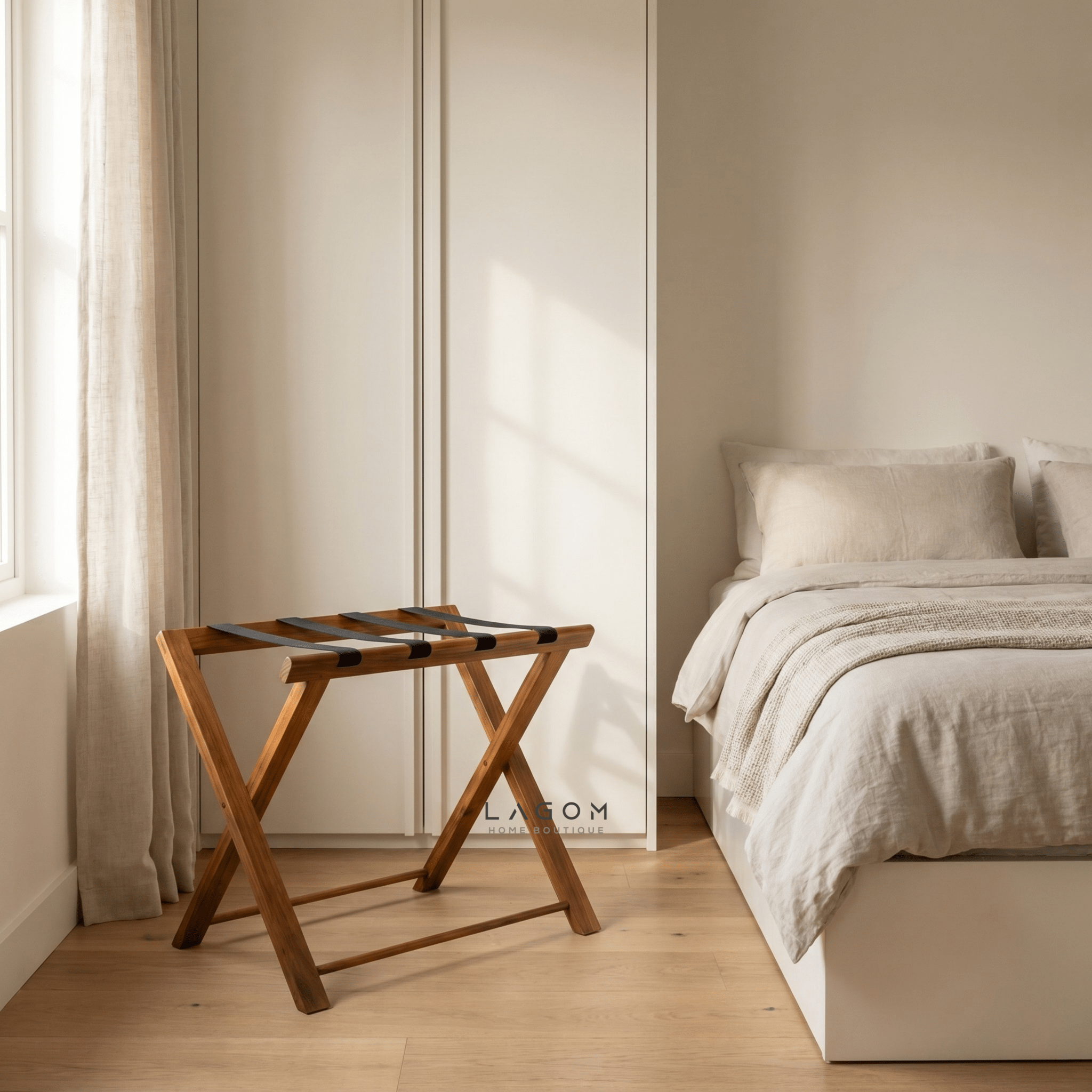 Teak Luggage Rack with Genuine Leather - Luggage Rack - Lagom Home Boutique