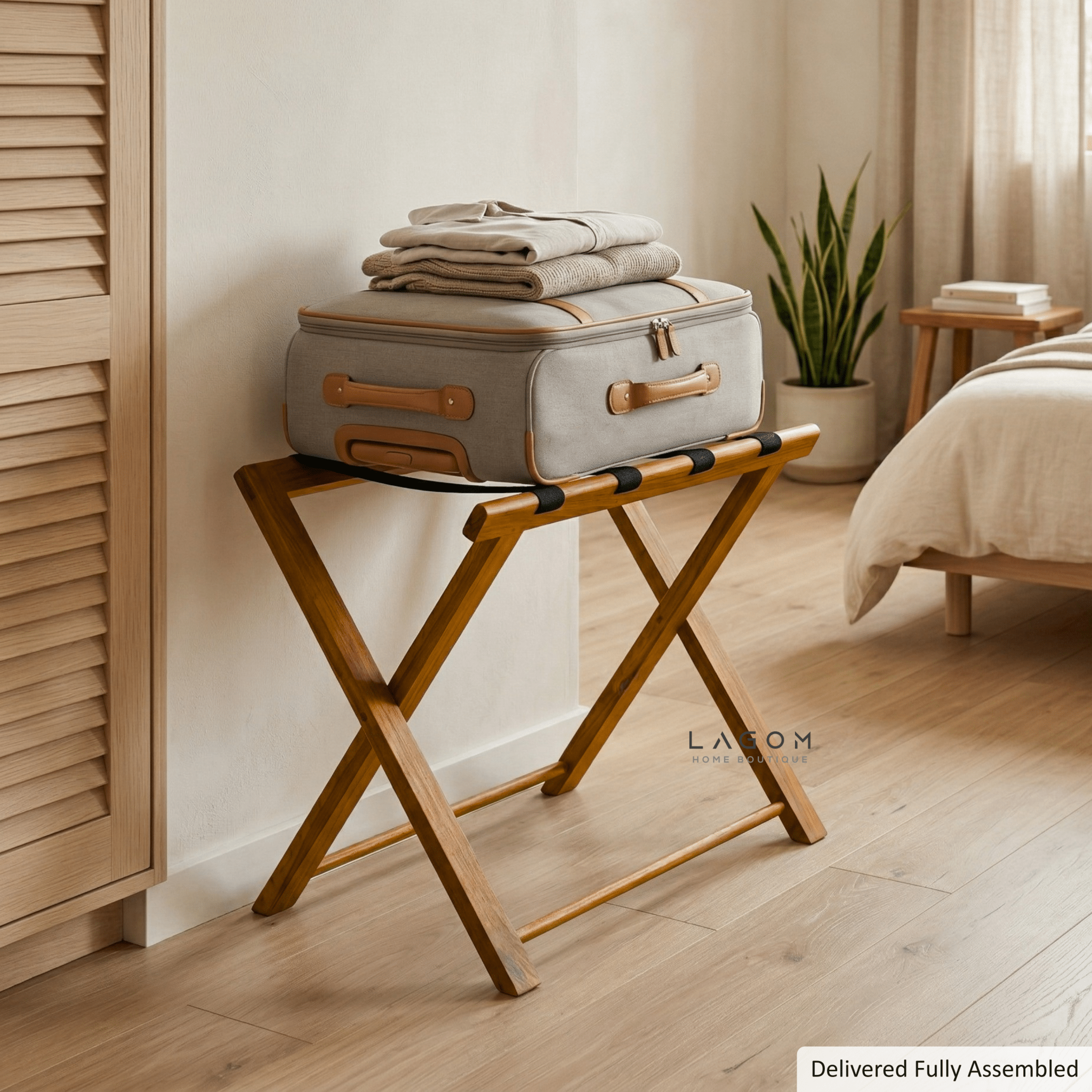 Teak Luggage Rack with Genuine Leather - Luggage Rack - Lagom Home Boutique