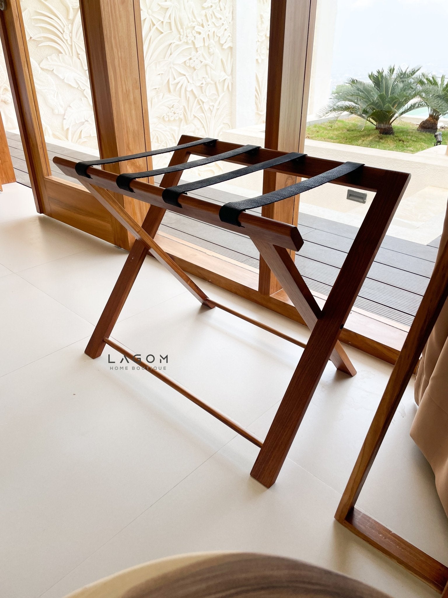Teak Luggage Rack with Genuine Leather - Luggage Rack - Lagom Home Boutique