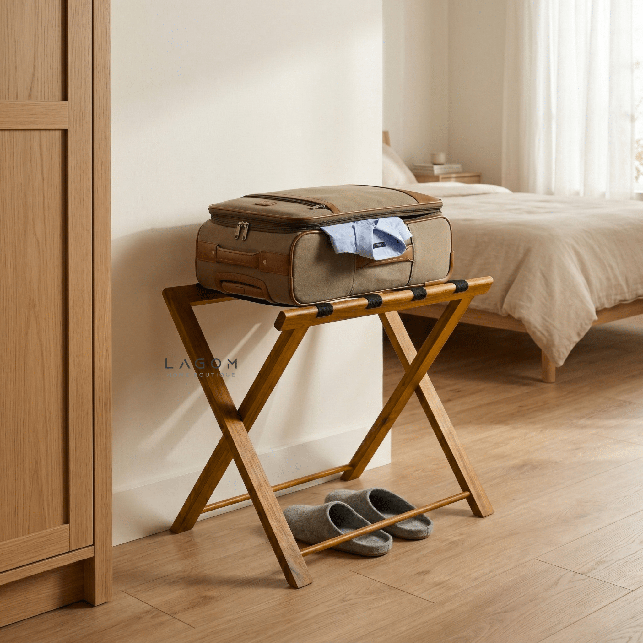Teak Luggage Rack with Genuine Leather - Luggage Rack - Lagom Home Boutique