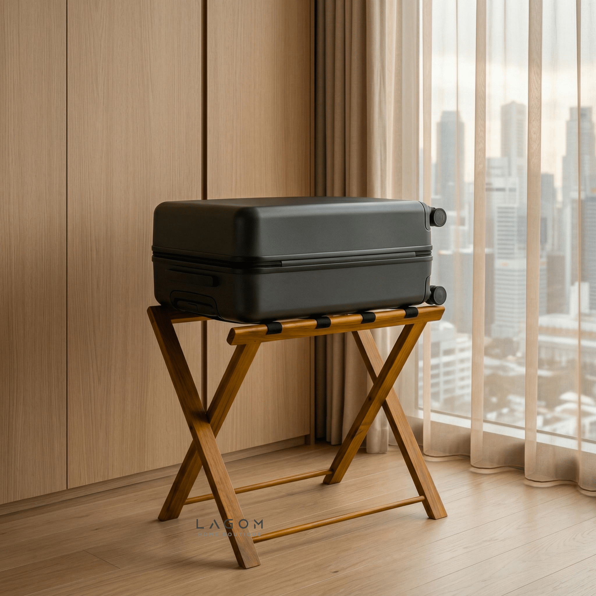Teak Luggage Rack with Genuine Leather - Luggage Rack - Lagom Home Boutique