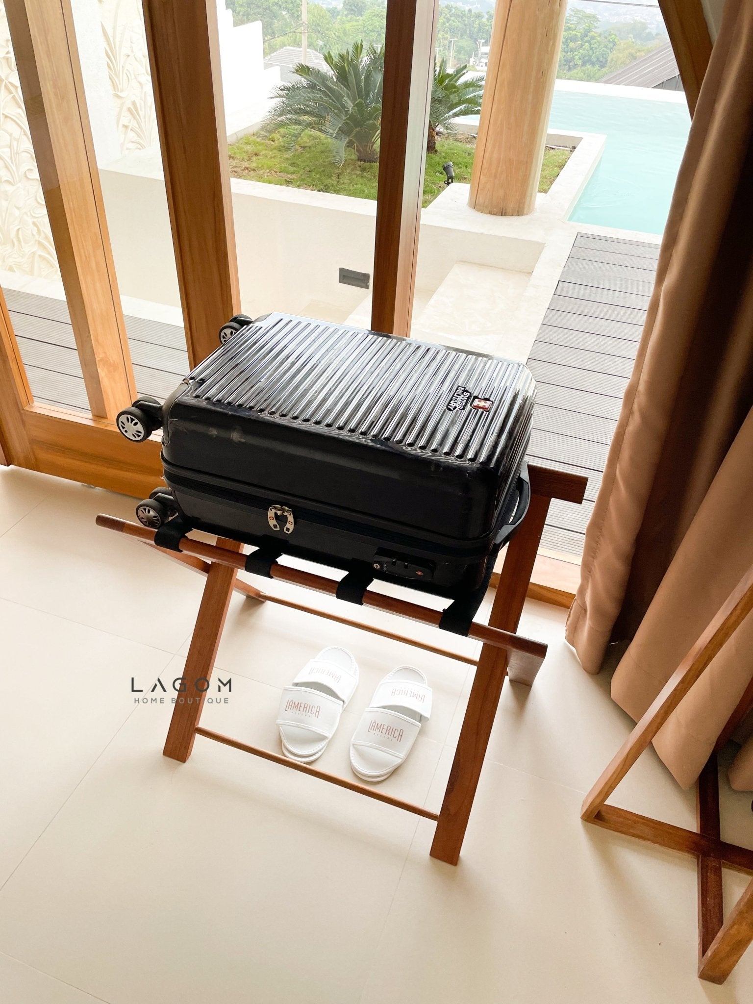 Teak Luggage Rack with Genuine Leather - Luggage Rack - Lagom Home Boutique