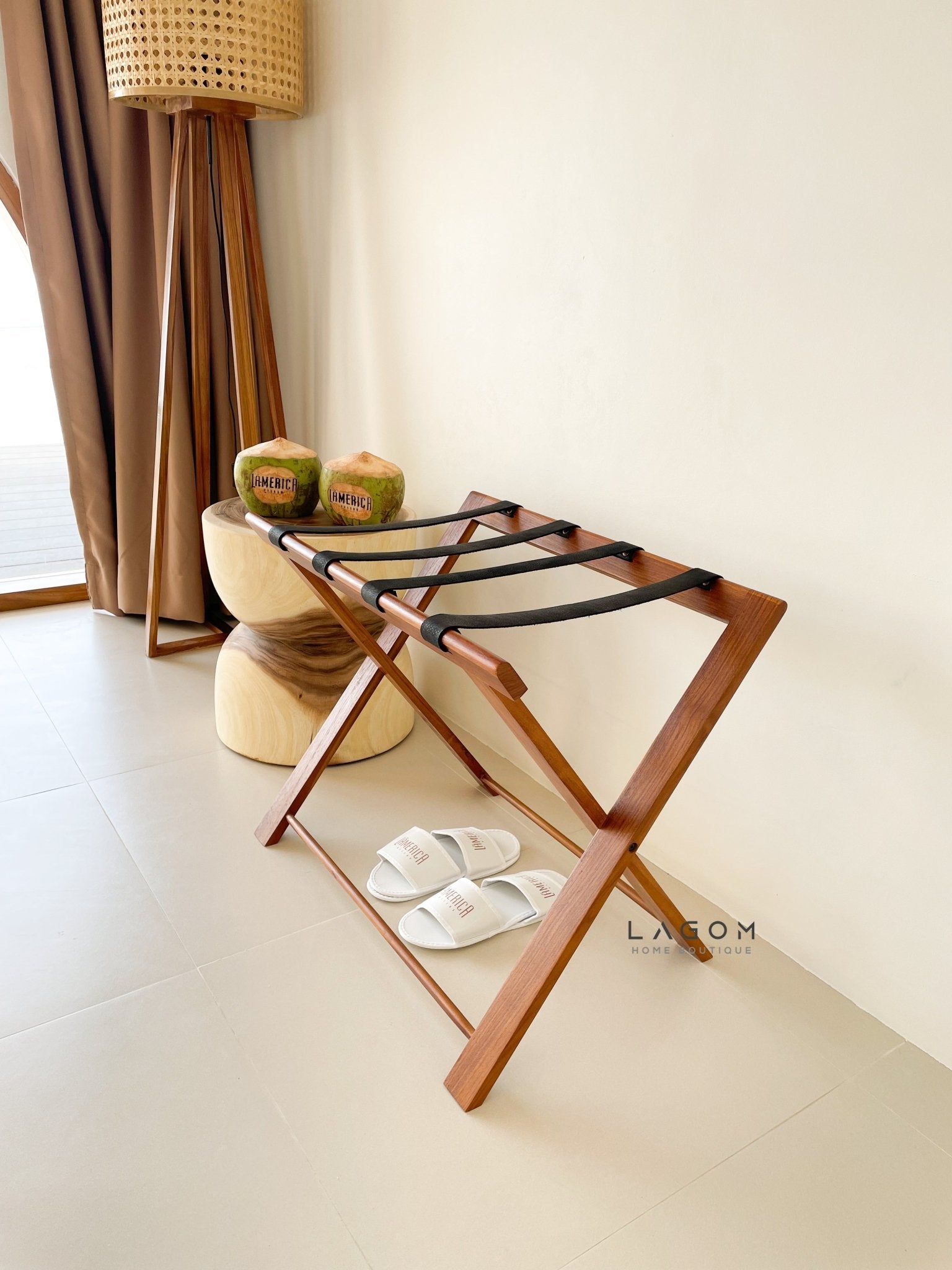 Teak Luggage Rack with Genuine Leather - Luggage Rack - Lagom Home Boutique