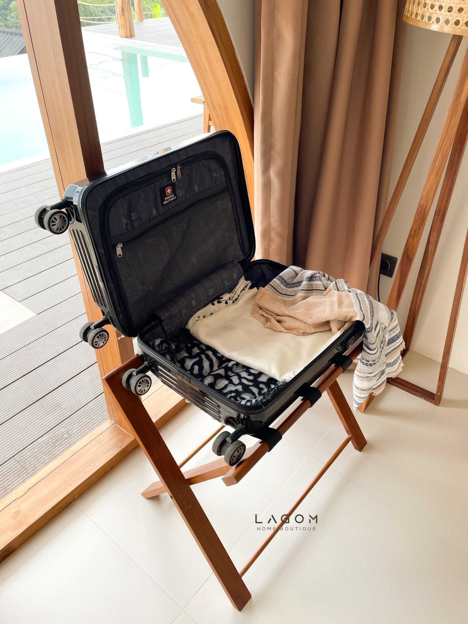 Teak Luggage Rack with Genuine Leather - Luggage Rack - Lagom Home Boutique
