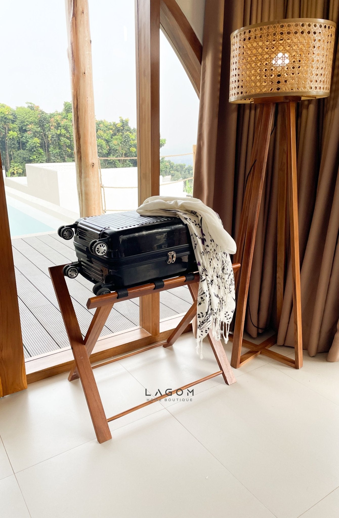 Teak Luggage Rack with Genuine Leather - Luggage Rack - Lagom Home Boutique