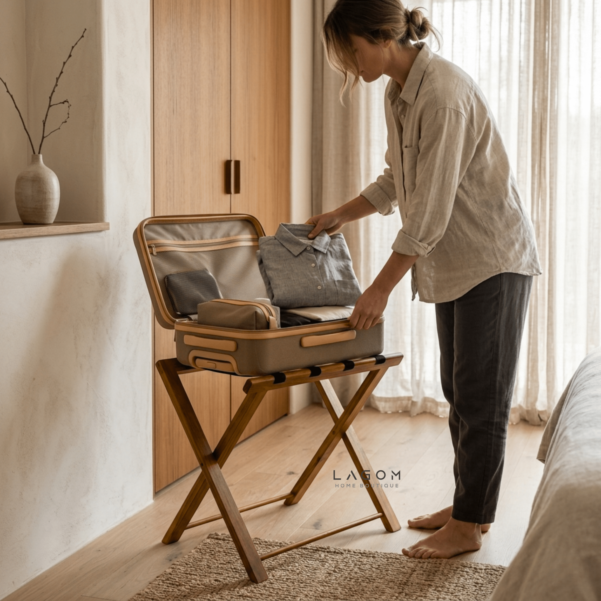 Teak Luggage Rack with Genuine Leather - Luggage Rack - Lagom Home Boutique