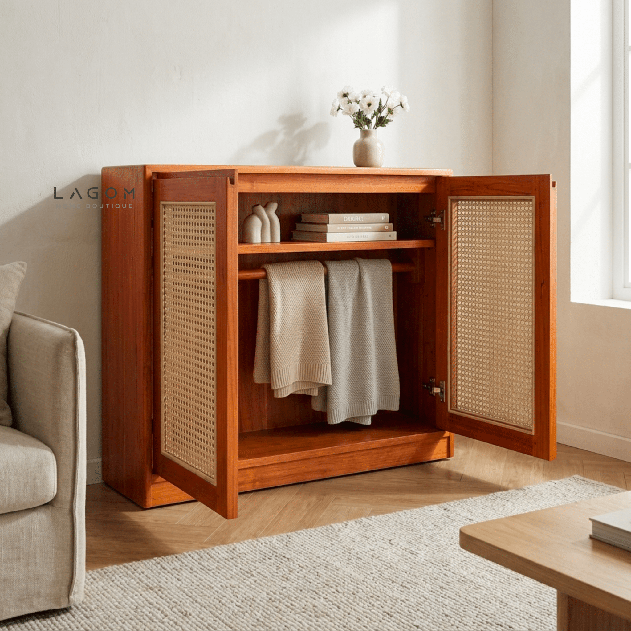 Teak & Rattan Sideboard with Hanging Rail and Shelf - Sideboard - Lagom Home Boutique