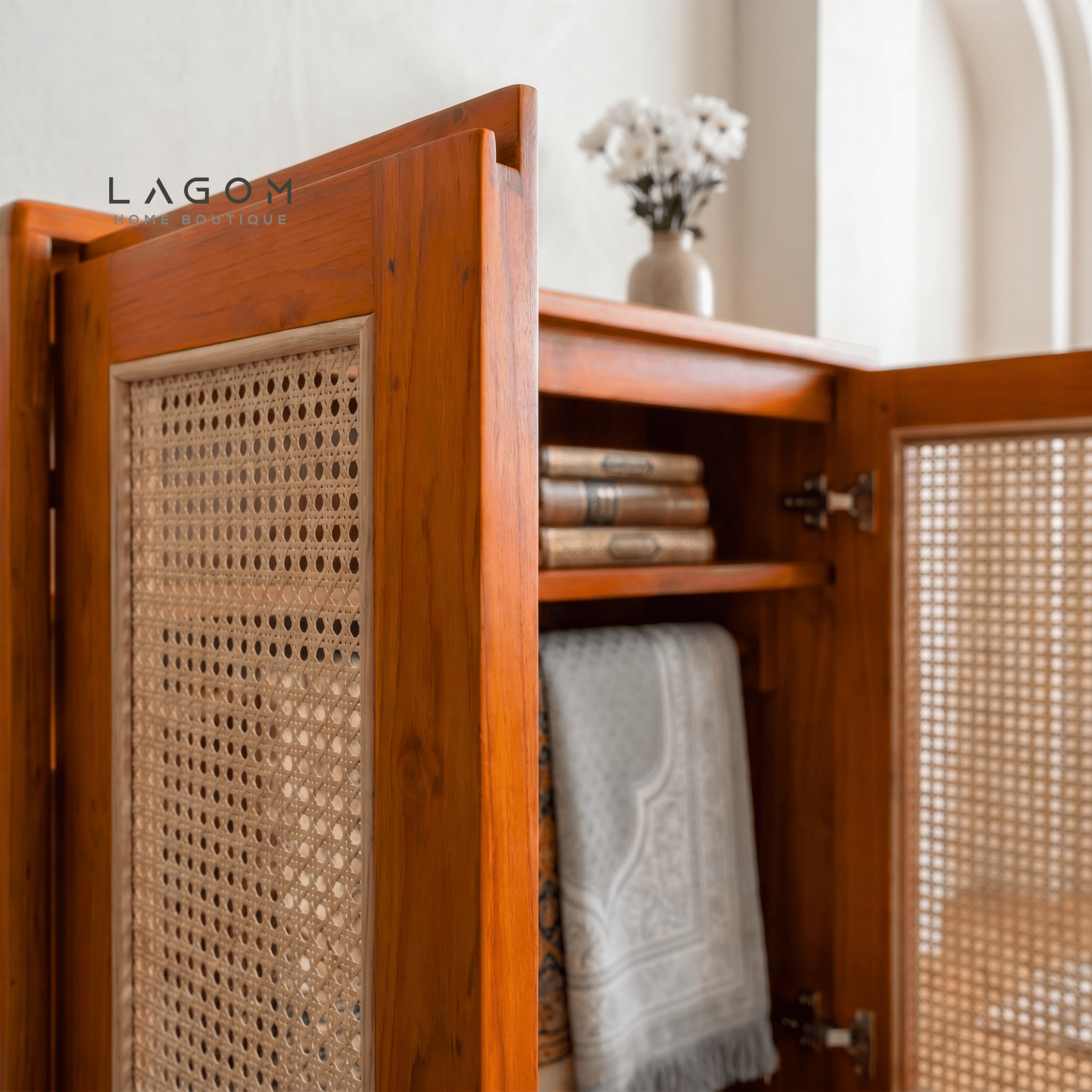 Teak & Rattan Sideboard with Hanging Rail and Shelf - Sideboard - Lagom Home Boutique