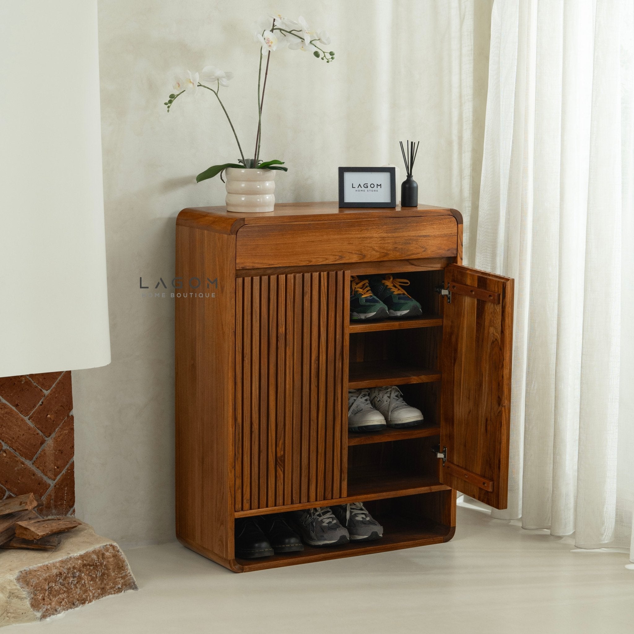 Teak Shoe Cabinet with Soft - Close Doors - Shoe Rack - Lagom Home Boutique