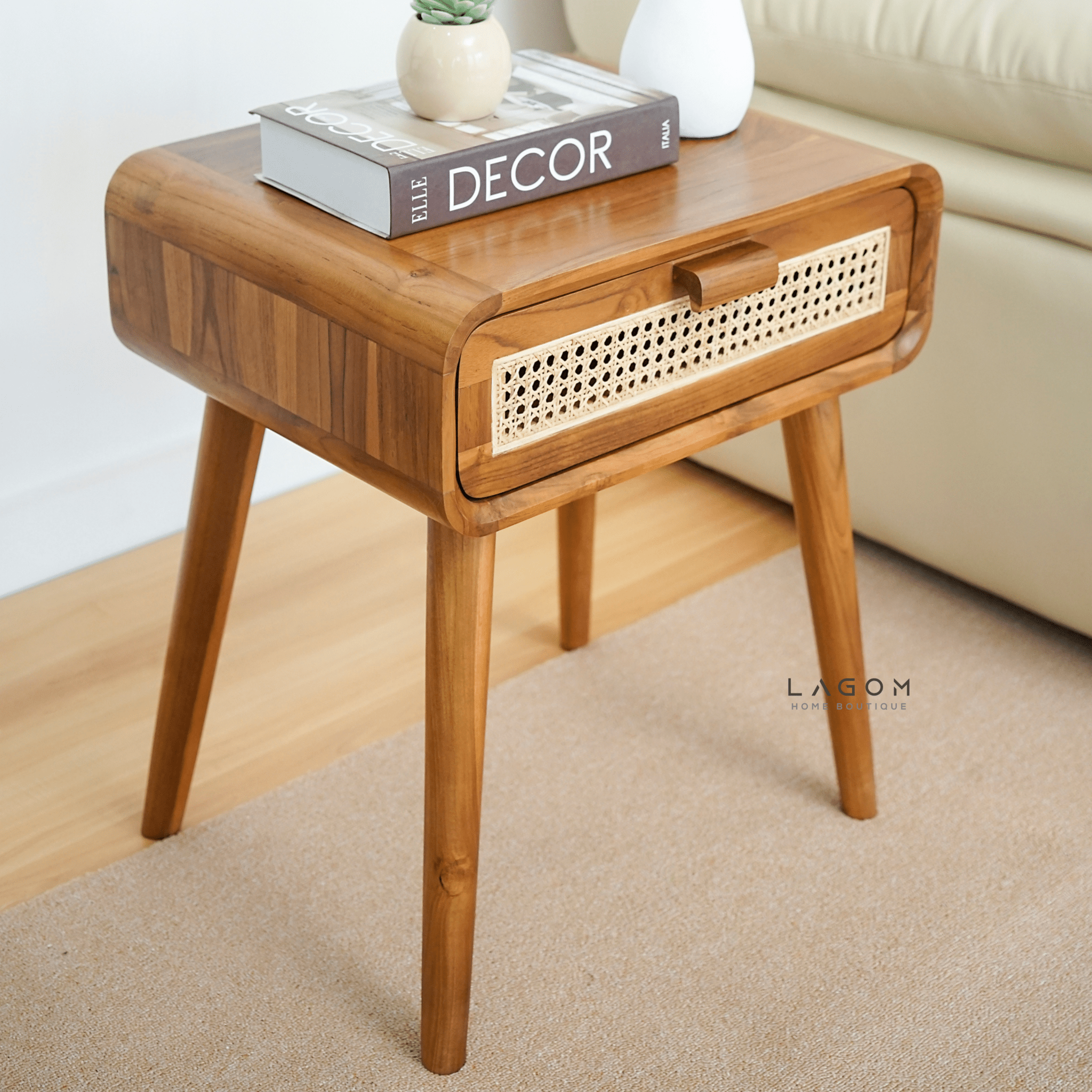 Teak Side Table with Premium Rattan Accent - Side Table - Lagom Home Boutique