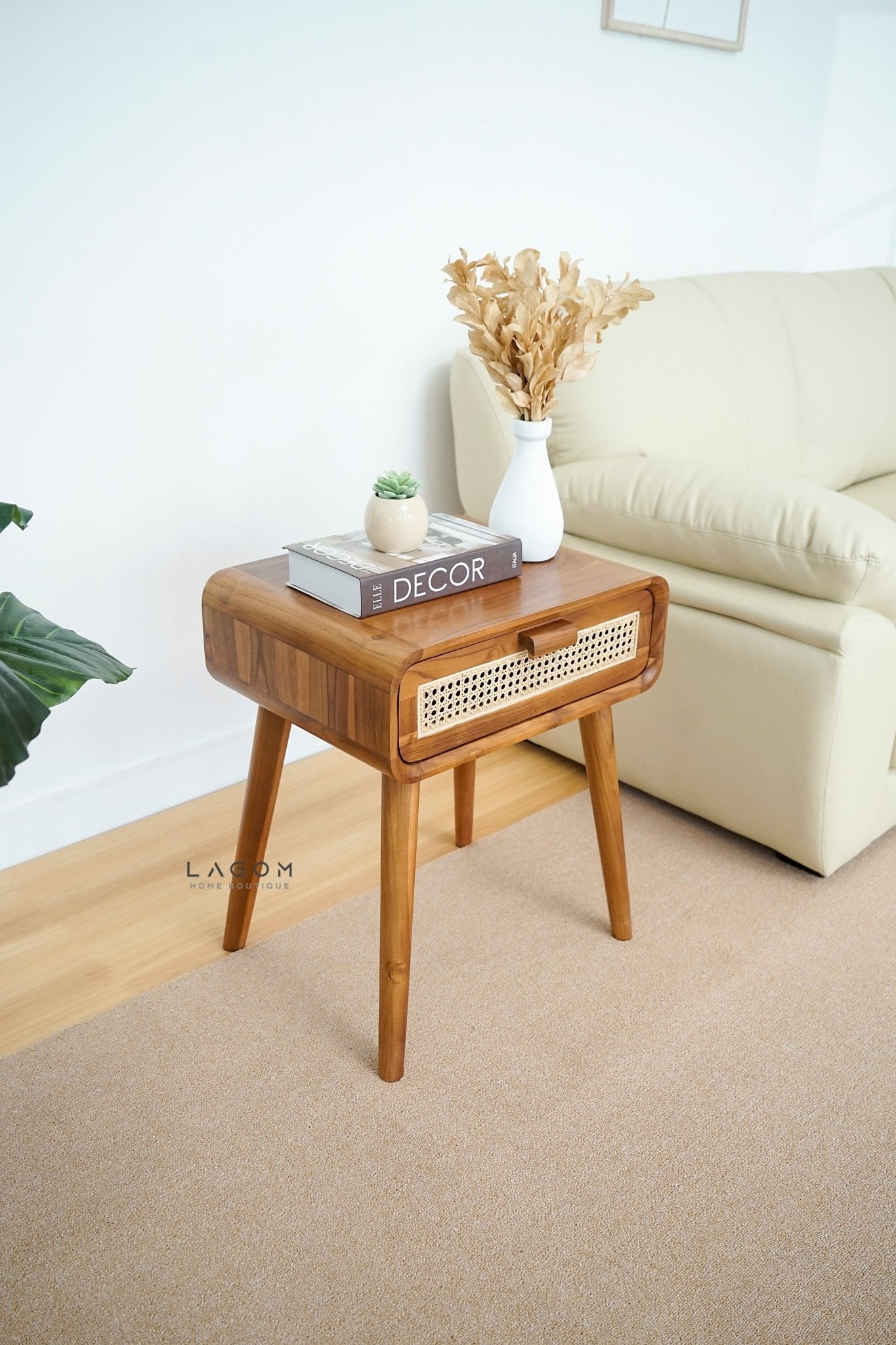 Teak Side Table with Premium Rattan Accent - Side Table - Lagom Home Boutique