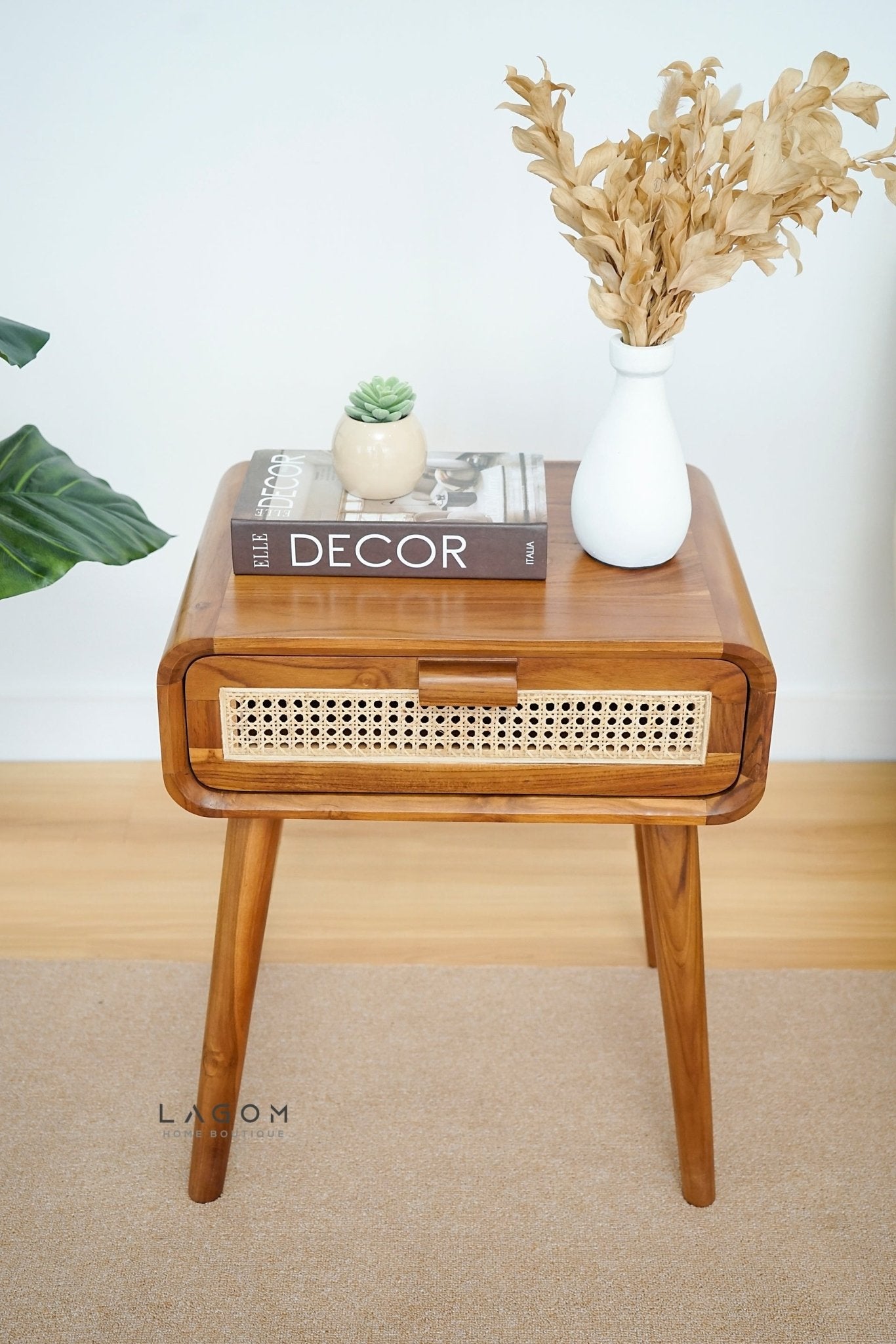 Teak Side Table with Premium Rattan Accent - Side Table - Lagom Home Boutique