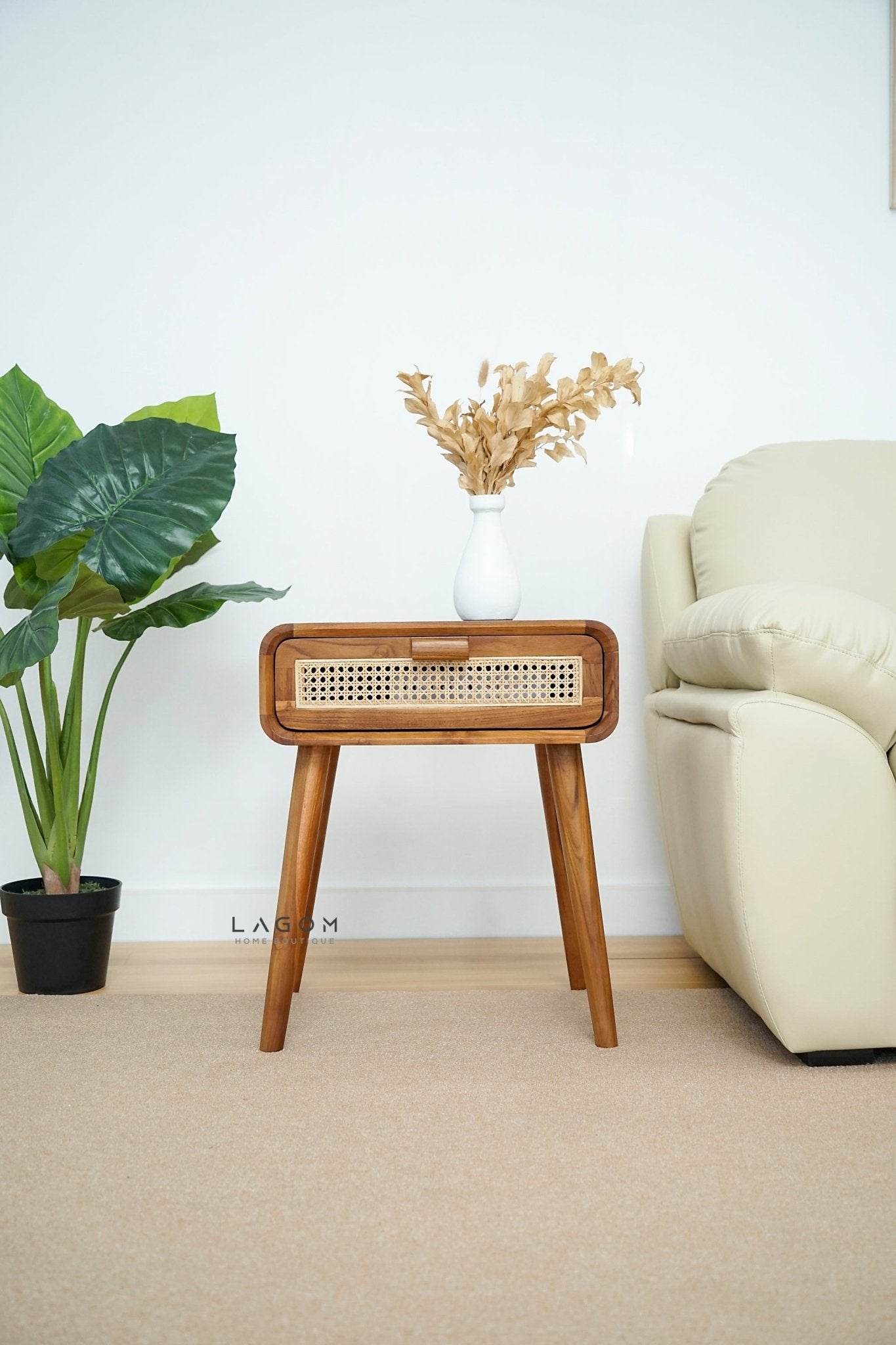 Teak Side Table with Premium Rattan Accent - Side Table - Lagom Home Boutique