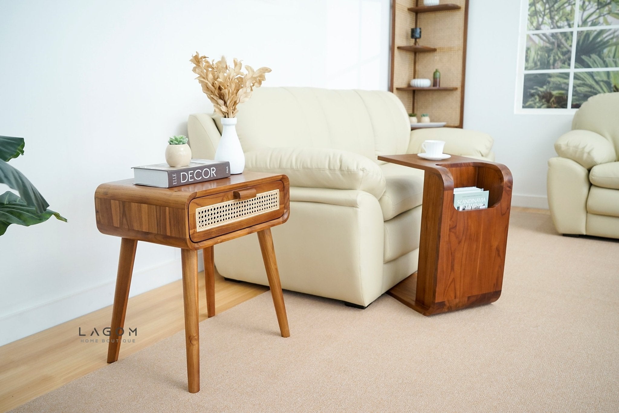 Teak Side Table with Premium Rattan Accent - Side Table - Lagom Home Boutique