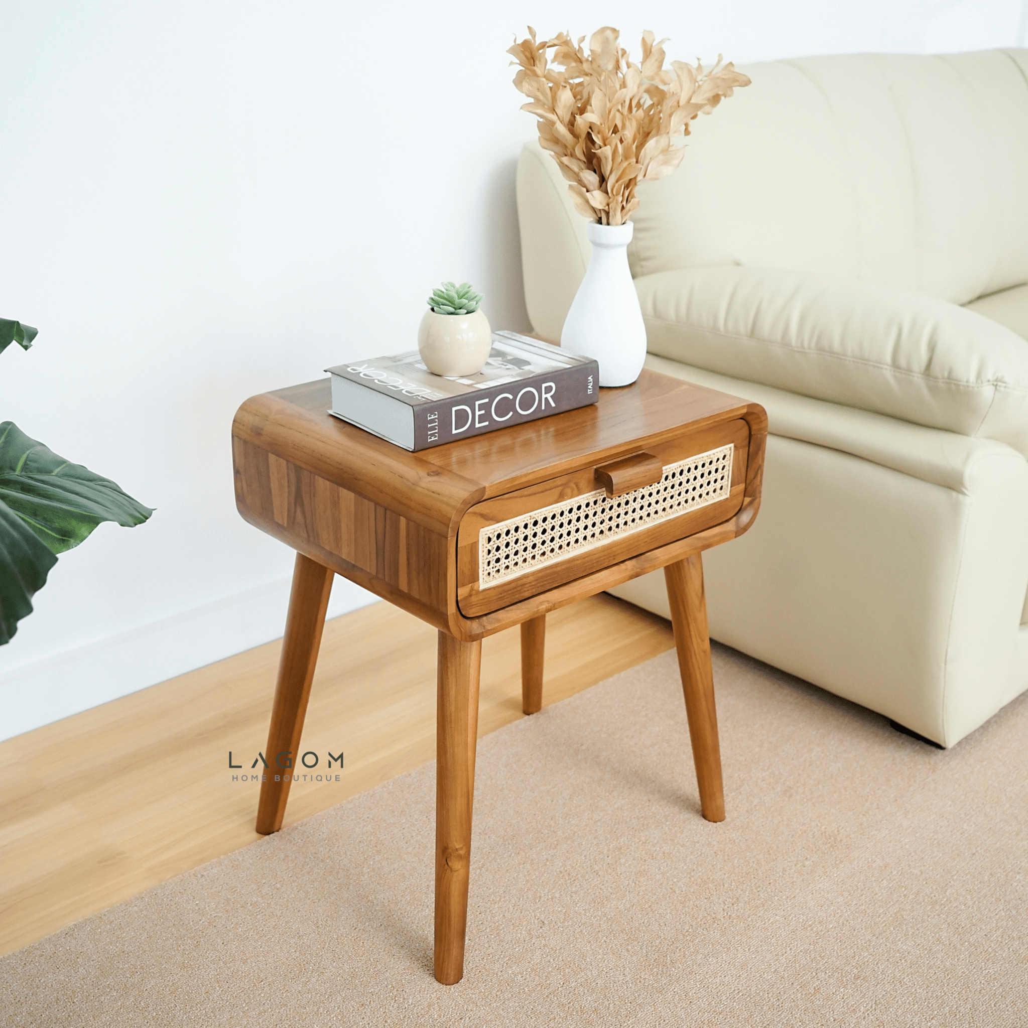 Teak Side Table with Premium Rattan Accent - Side Table - Lagom Home Boutique