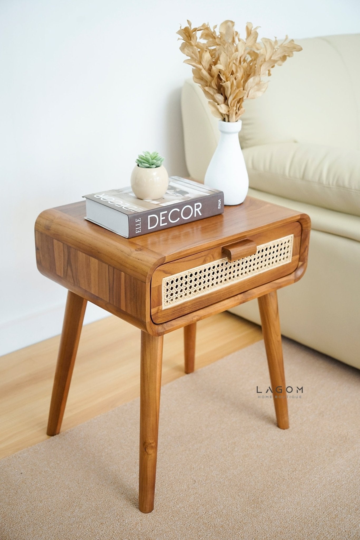 Teak Side Table with Premium Rattan Accent - Side Table - Lagom Home Boutique