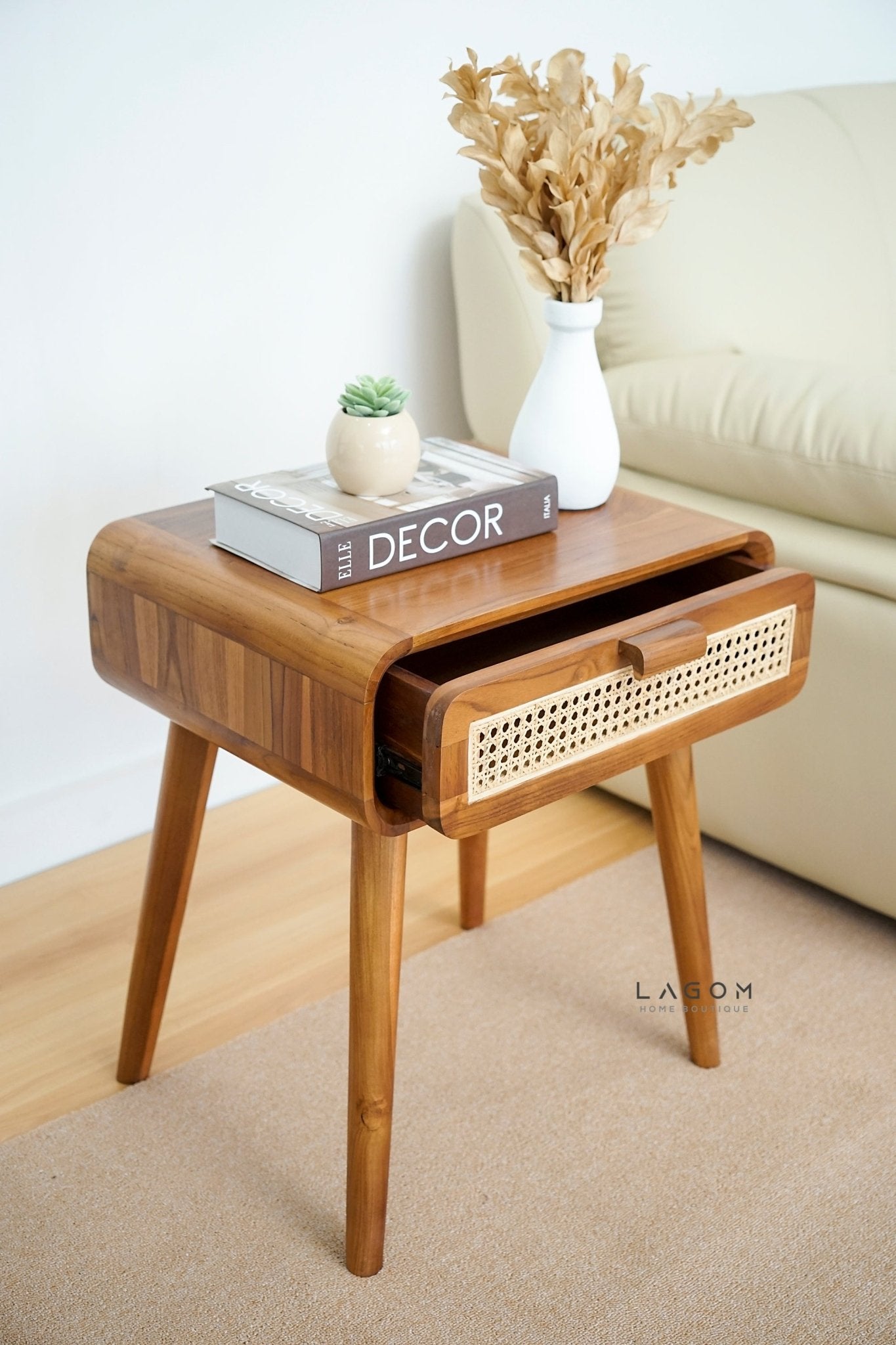 Teak Side Table with Premium Rattan Accent - Side Table - Lagom Home Boutique