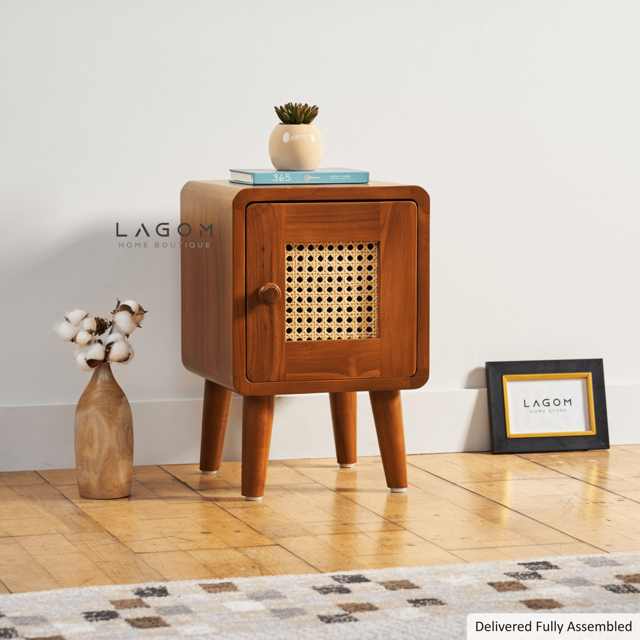 Teak Side Table with Rattan Door - Side Table - Lagom Home Boutique