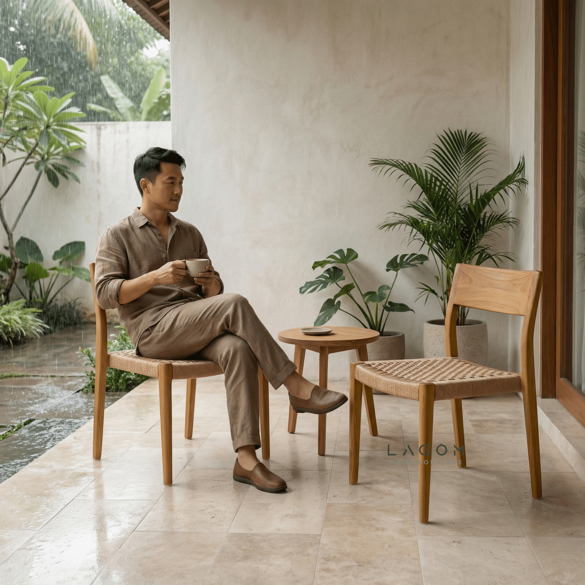 Teak Stackable Chair with Paper Loom Seat - Chair - Lagom Home Boutique