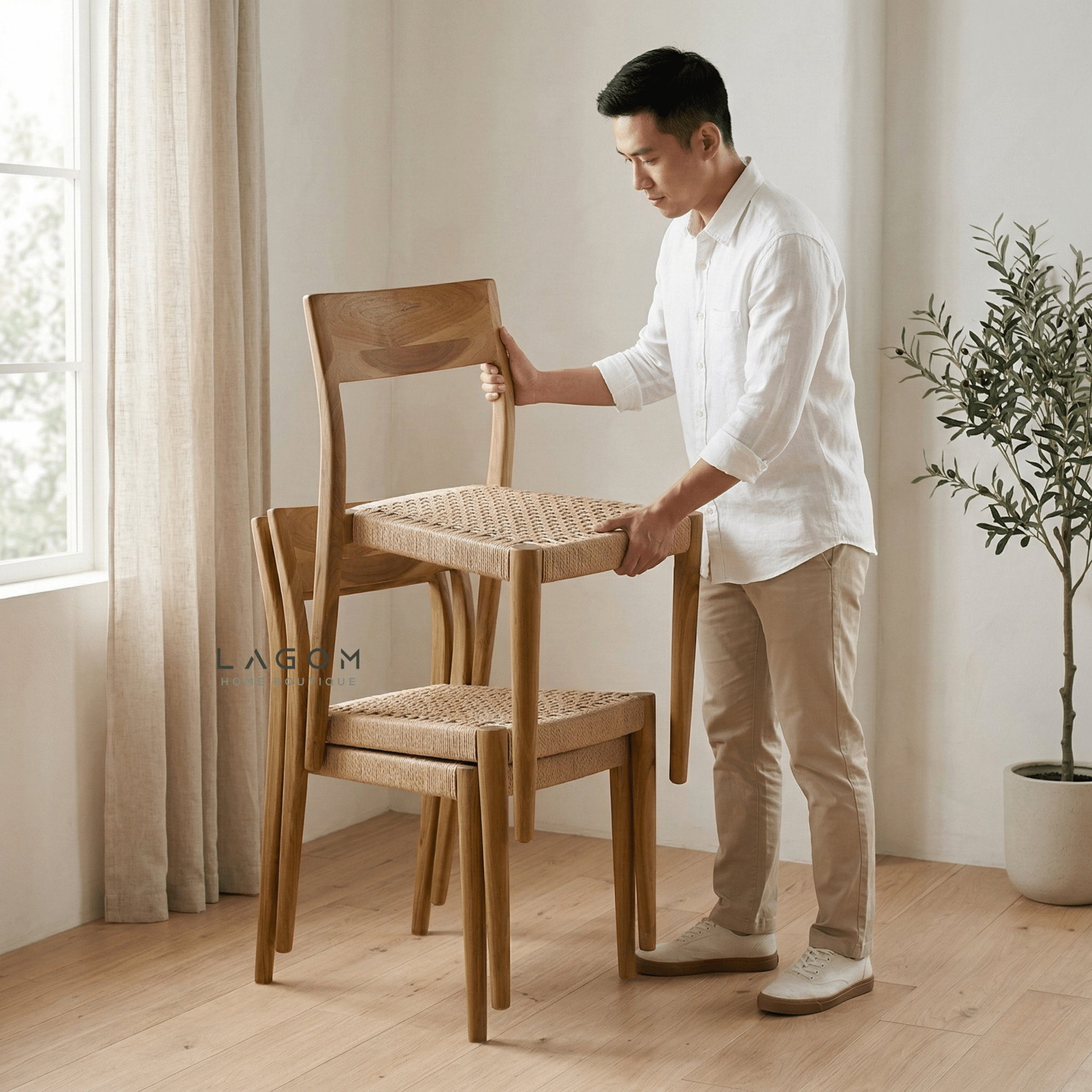 Teak Stackable Chair with Paper Loom Seat - Chair - Lagom Home Boutique
