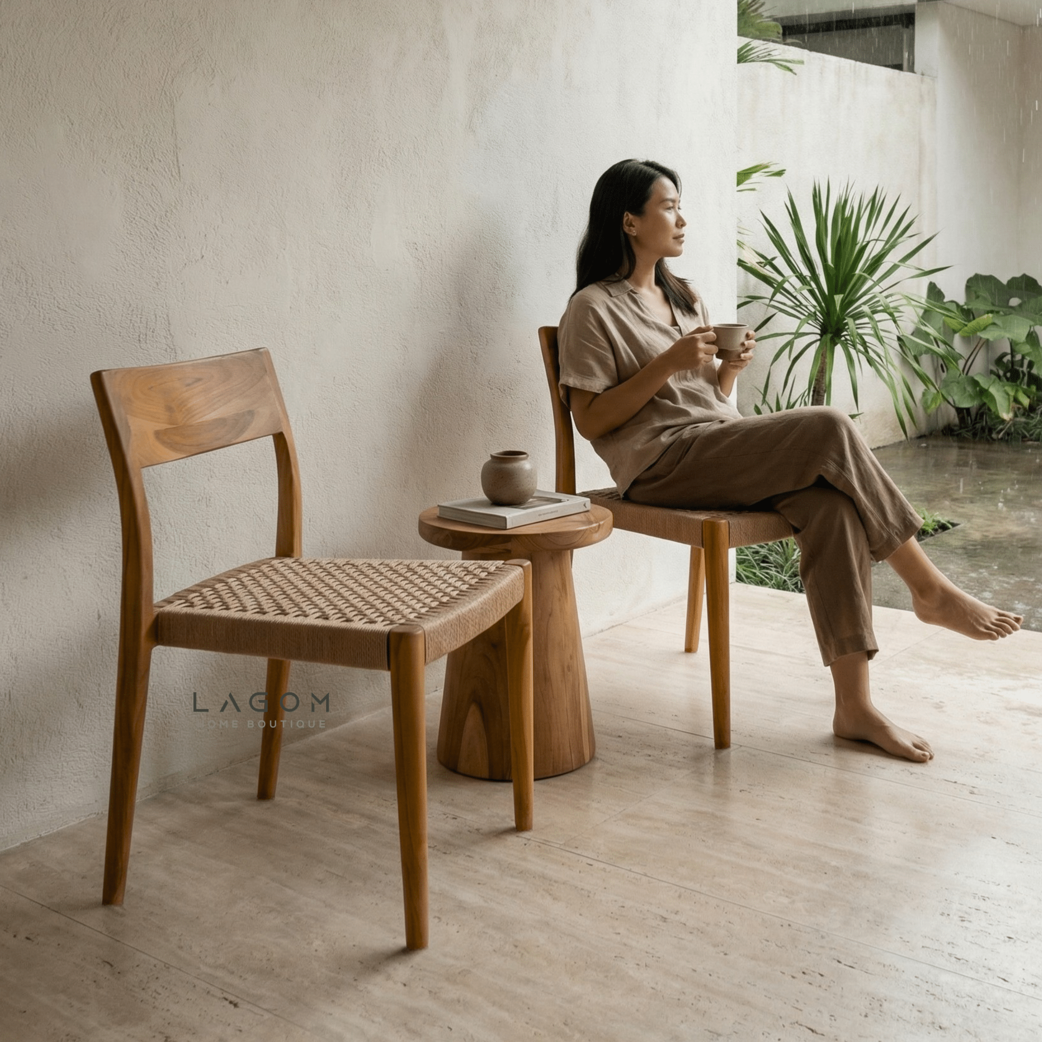 Teak Stackable Chair with Paper Loom Seat - Chair - Lagom Home Boutique