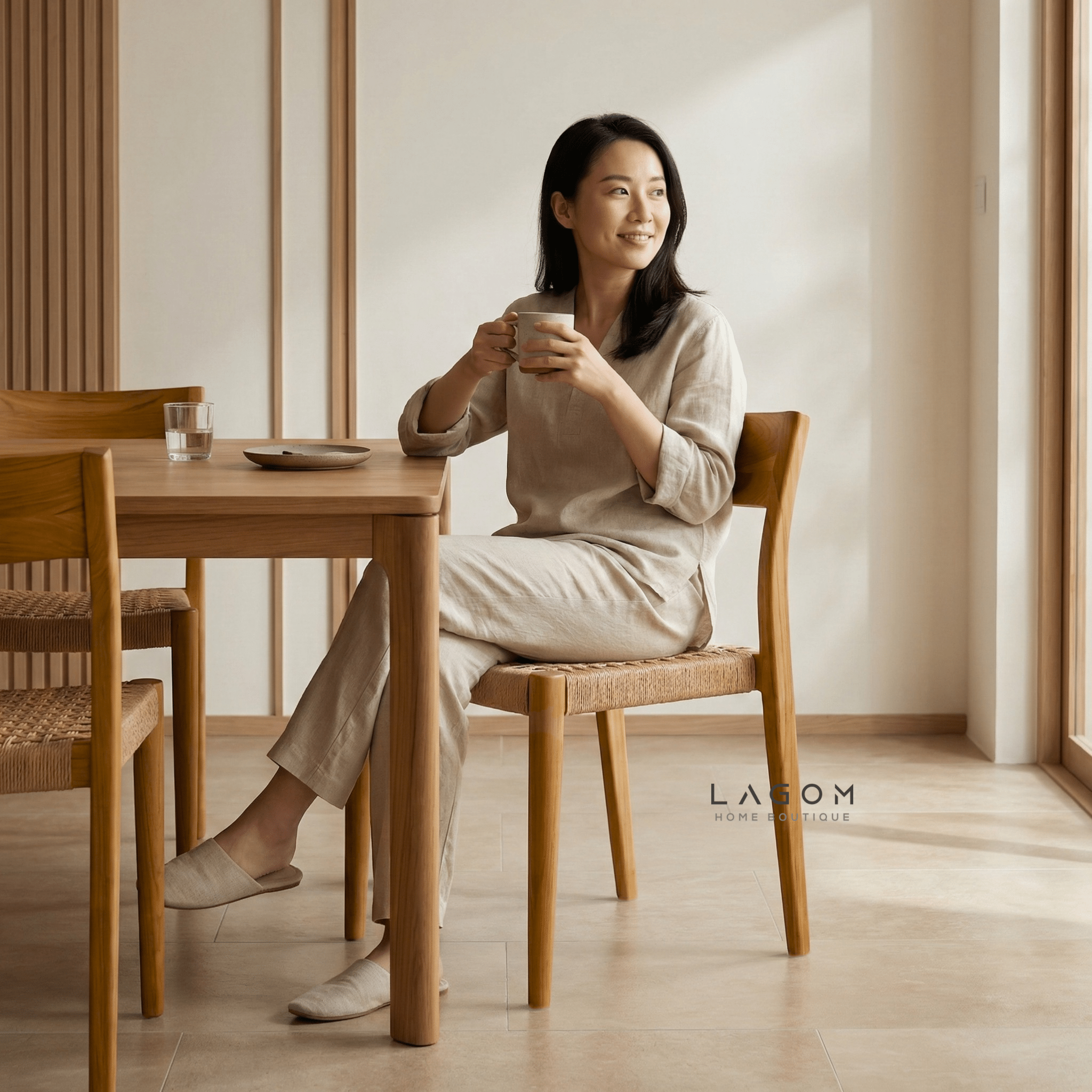 Teak Stackable Chair with Paper Loom Seat - Chair - Lagom Home Boutique