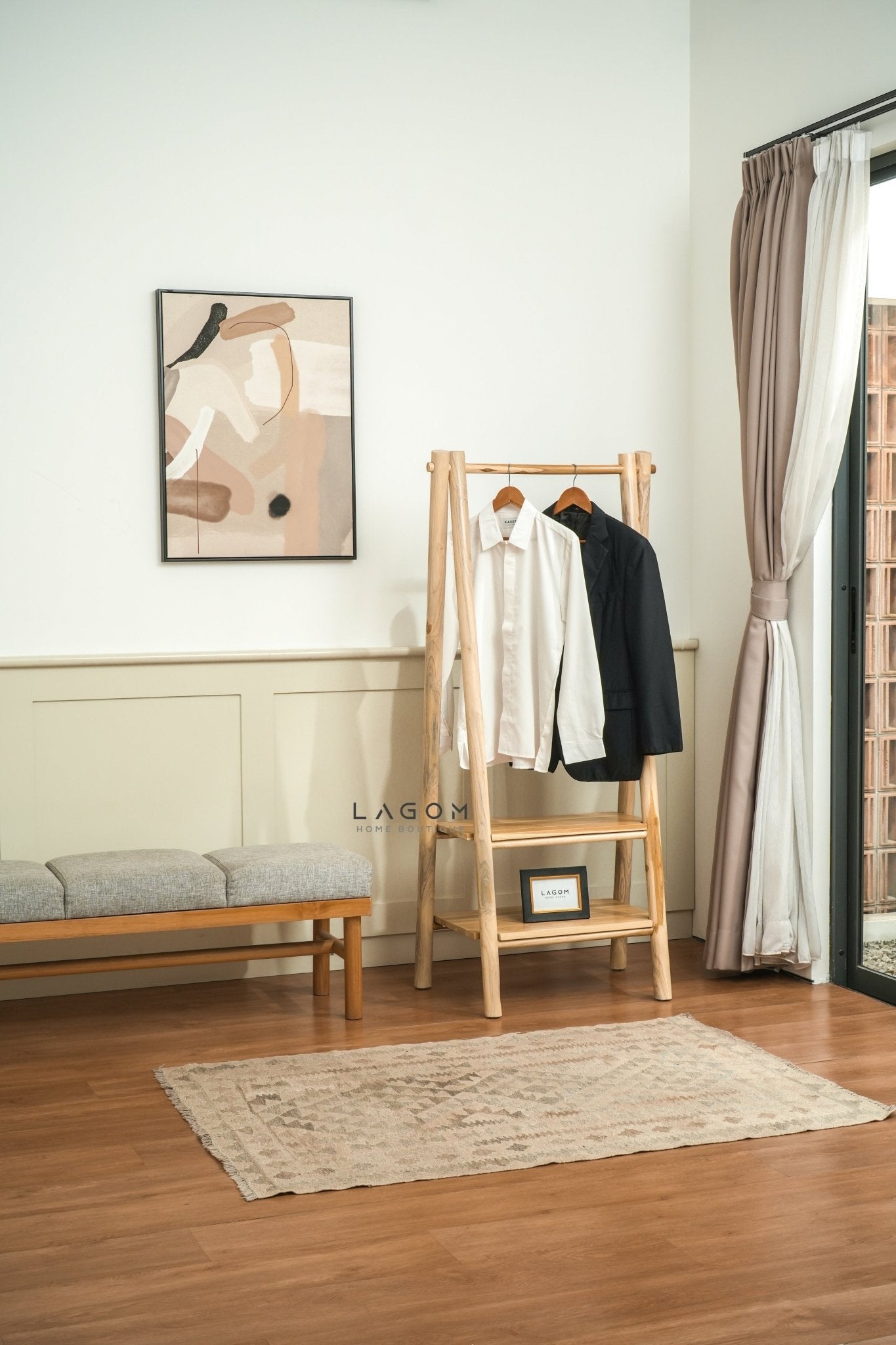 Teak Standing Coat Hanger with Two Shelves - Standing Coat Hanger - Lagom Home Boutique