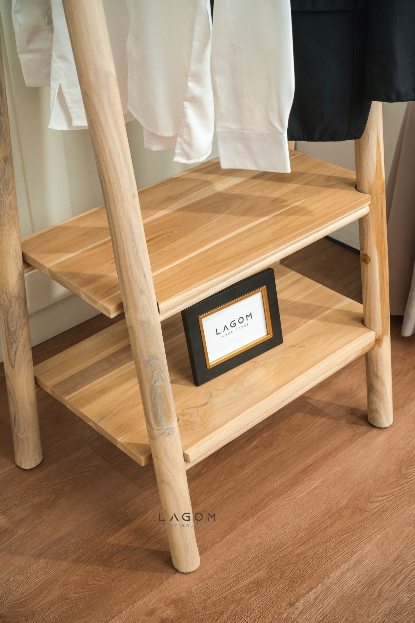 Teak Standing Coat Hanger with Two Shelves - Standing Coat Hanger - Lagom Home Boutique