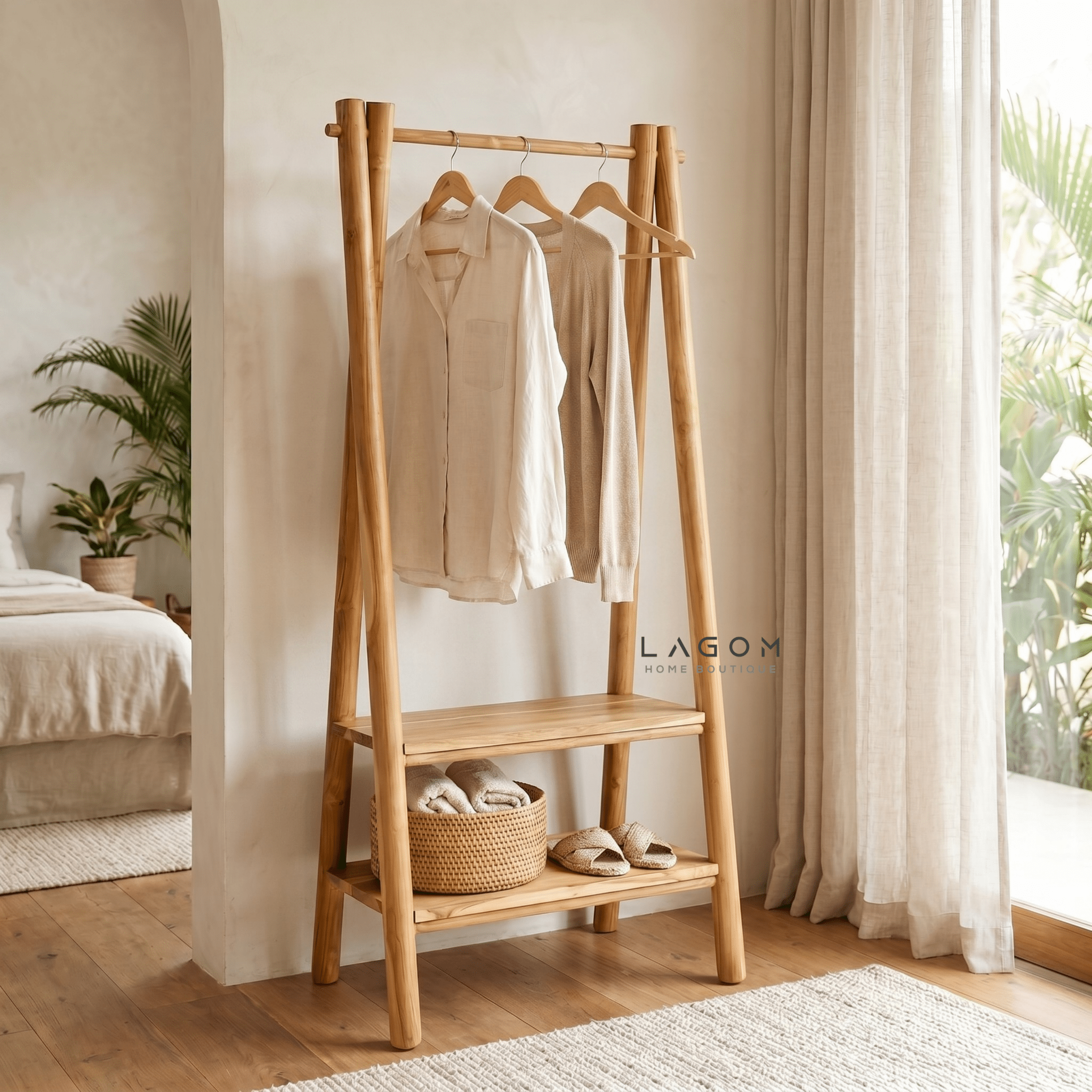 Teak Standing Coat Hanger with Two Shelves - Standing Coat Hanger - Lagom Home Boutique