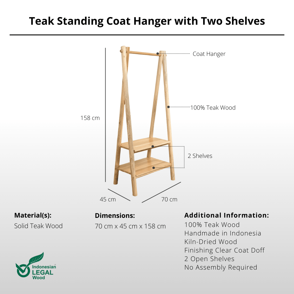 Teak Standing Coat Hanger with Two Shelves - Standing Coat Hanger - Lagom Home Boutique