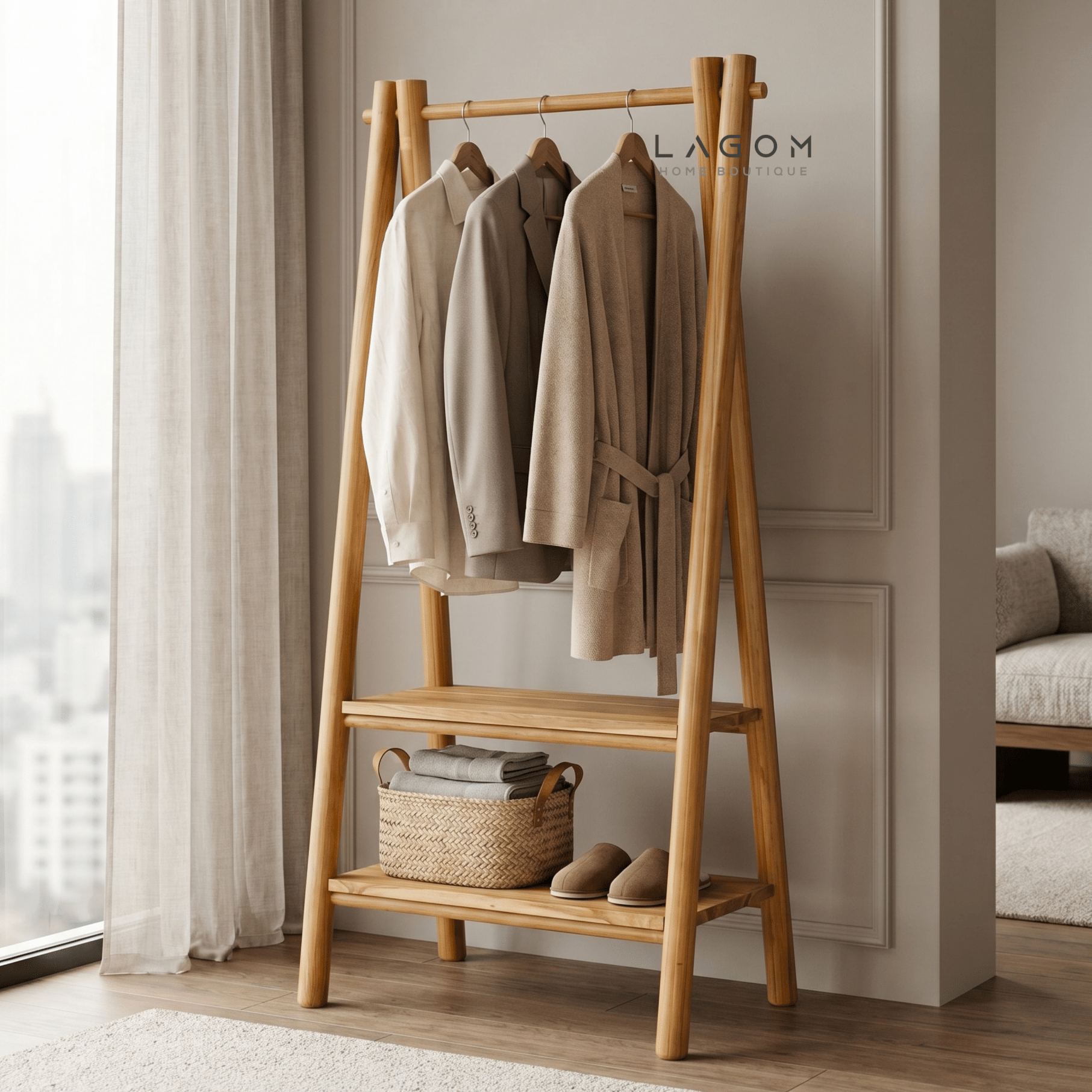 Teak Standing Coat Hanger with Two Shelves - Standing Coat Hanger - Lagom Home Boutique