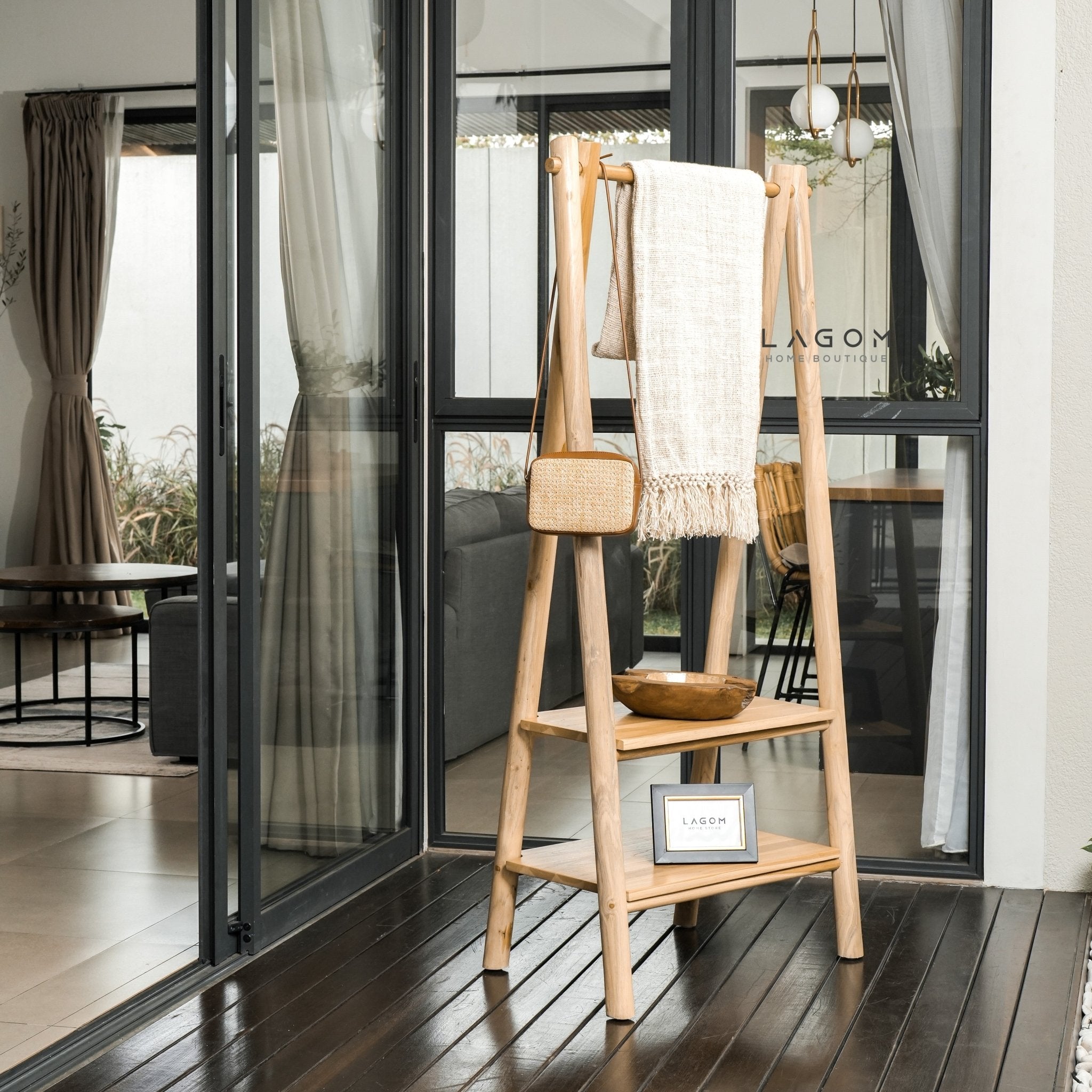 Teak Standing Coat Hanger with Two Shelves - Standing Coat Hanger - Lagom Home Boutique