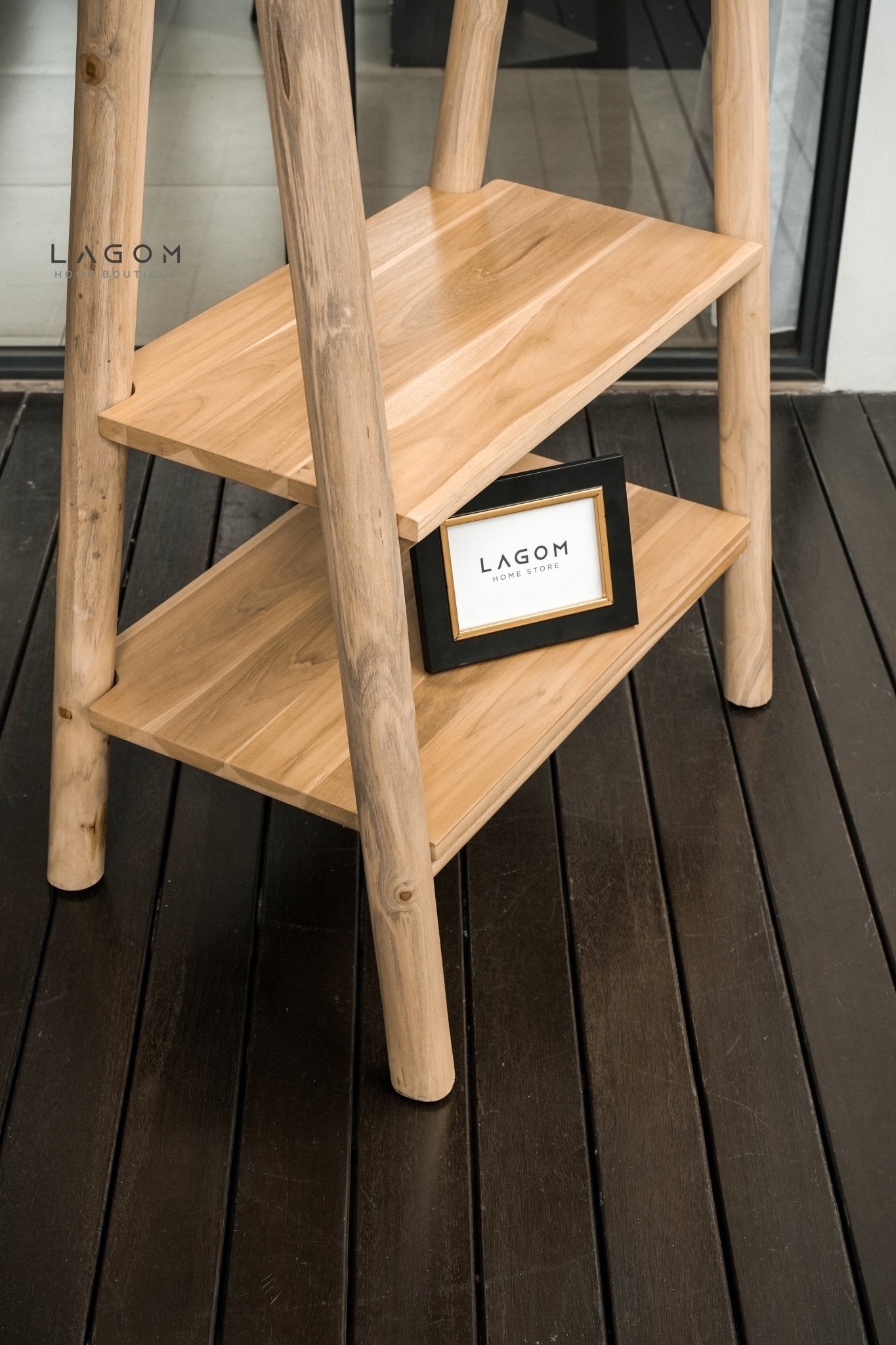 Teak Standing Coat Hanger with Two Shelves - Standing Coat Hanger - Lagom Home Boutique